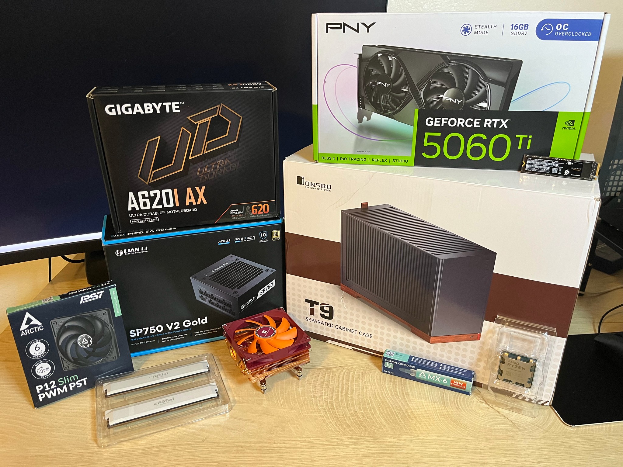 Custom Gaming PC Build Jonsbo T9, RTX 5060 Ti 16gb, Ryzen 7 7700, Crucial Pro 32gb DDR5 RAM Mini ITX