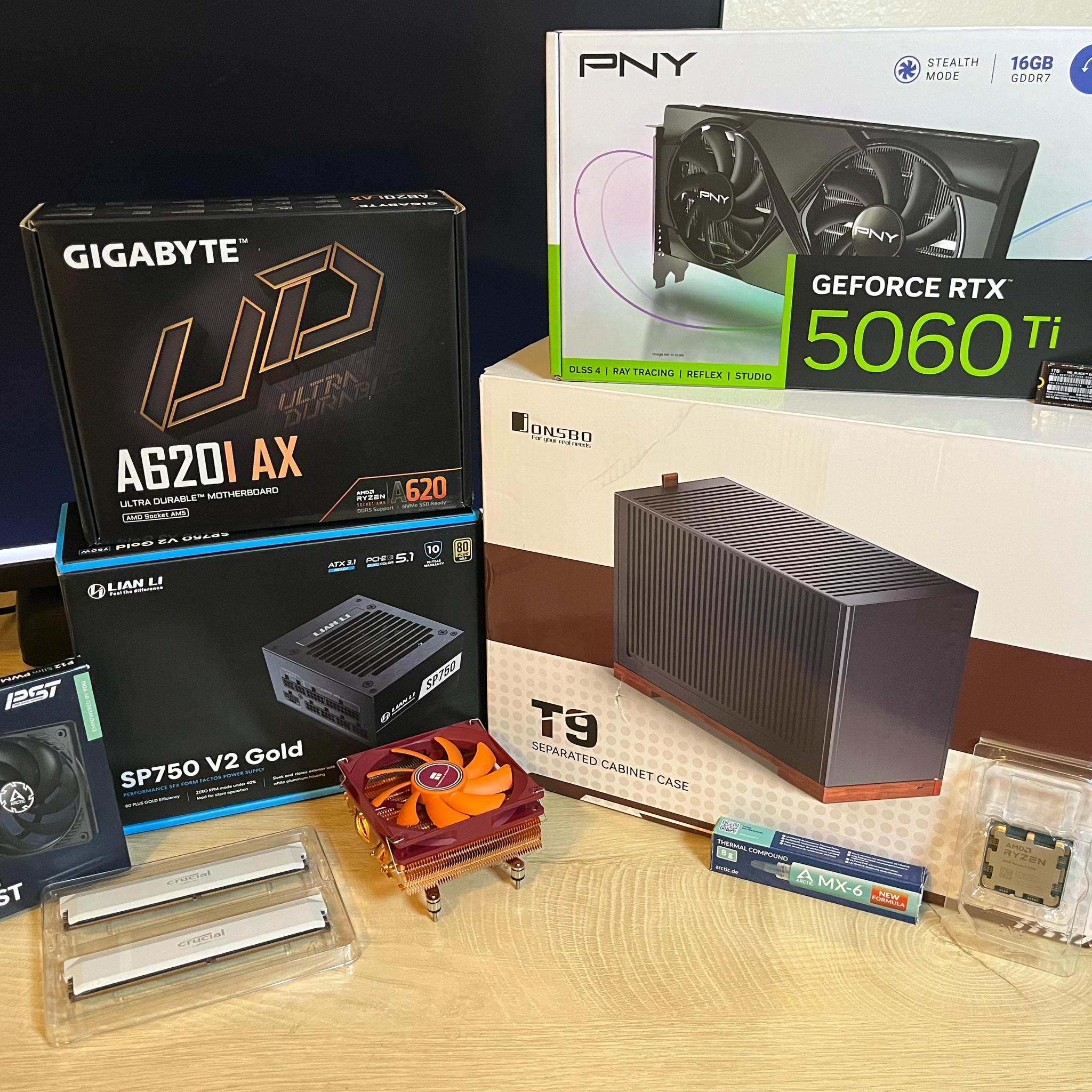 Custom Gaming PC Build Jonsbo T9, RTX 5060 Ti 16gb, Ryzen 7 7700, Crucial Pro 32gb DDR5 RAM Mini ITX