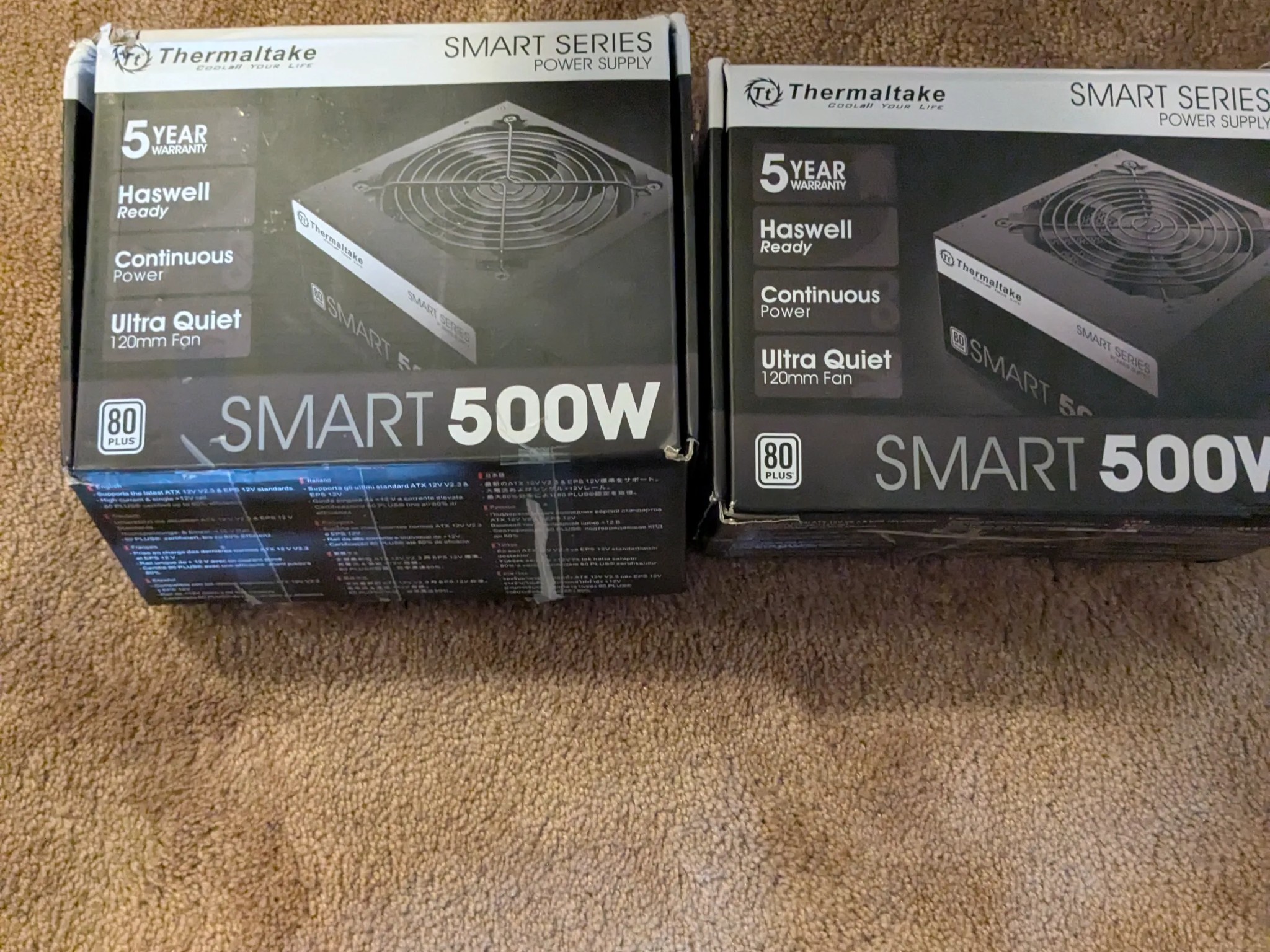 Lot of two thermaltake smart 500 w power supplies. Four parts are not working