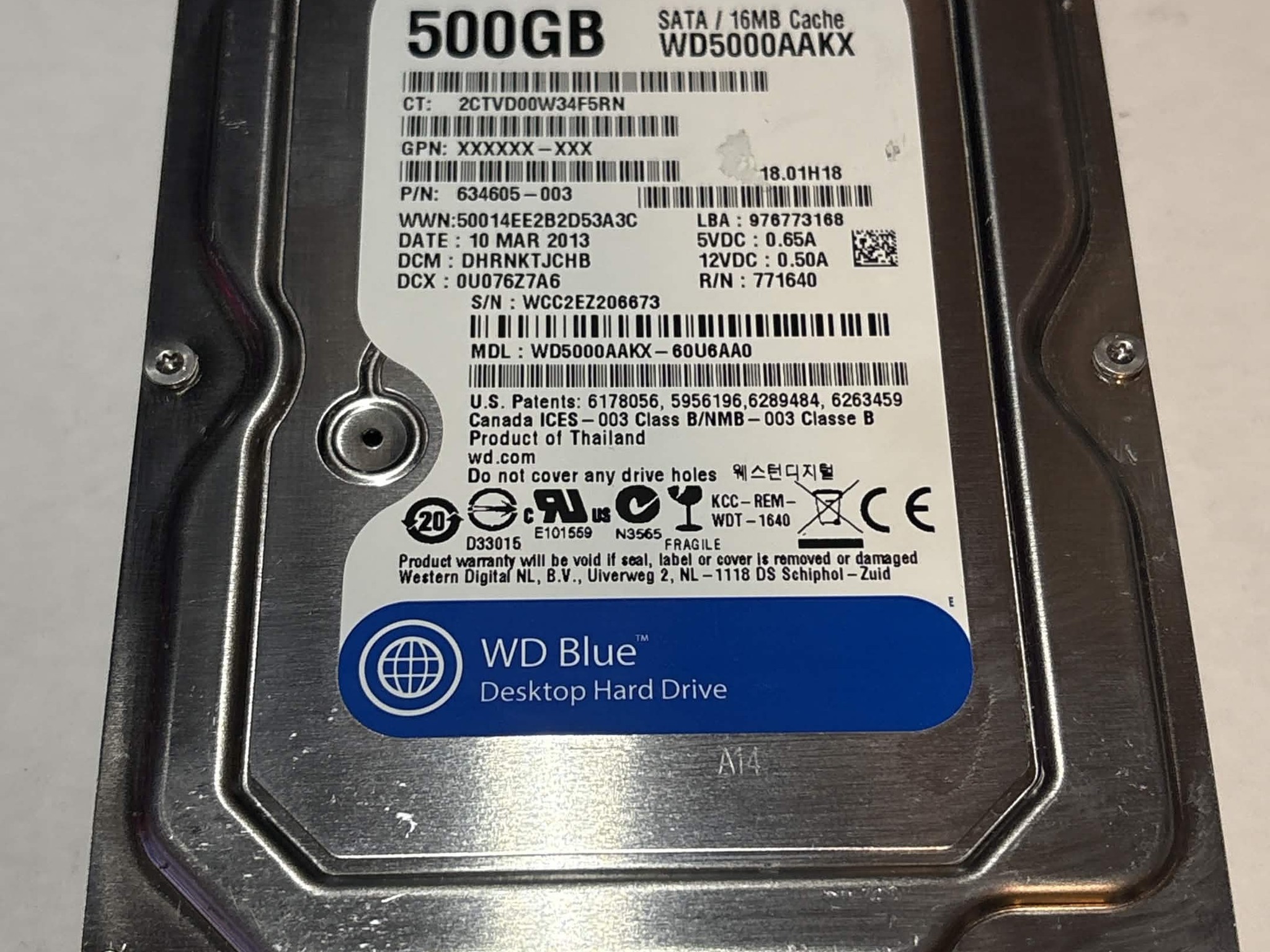 WD Blue 500GB 7200RPM SATA Hard Drive | Tested & Functional