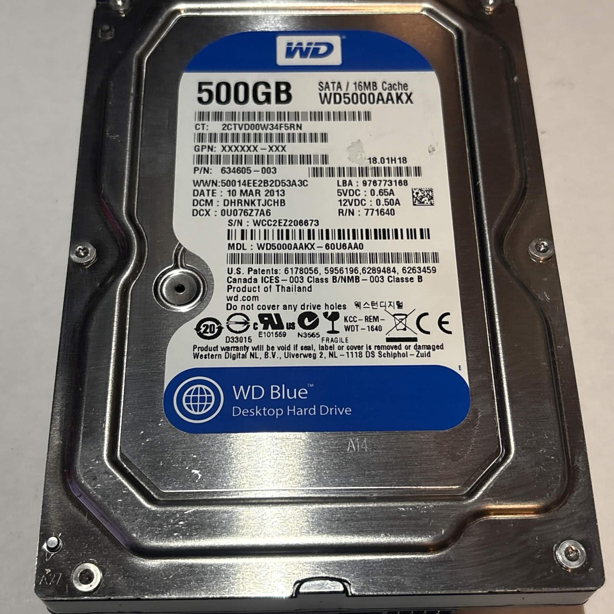 WD Blue 500GB 7200RPM SATA Hard Drive | Tested & Functional