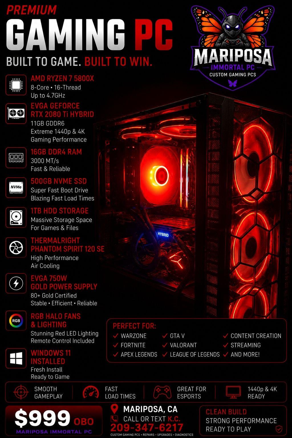 Gaming PC Ryzen 7 5800X RTX 2080 Ti 11GB 16GB RAM 500GB SSD + 1TB HDD Win11