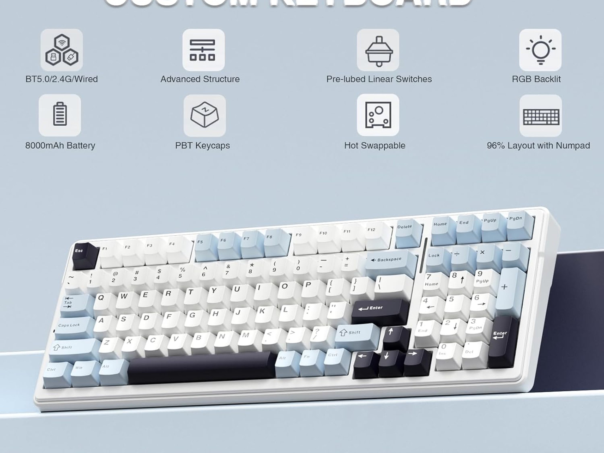 AULA F99 Wireless Mechanical Keyboard - Blue & White, RGB, Hot-Swappable, 99 Keys, Pre-Lubed
