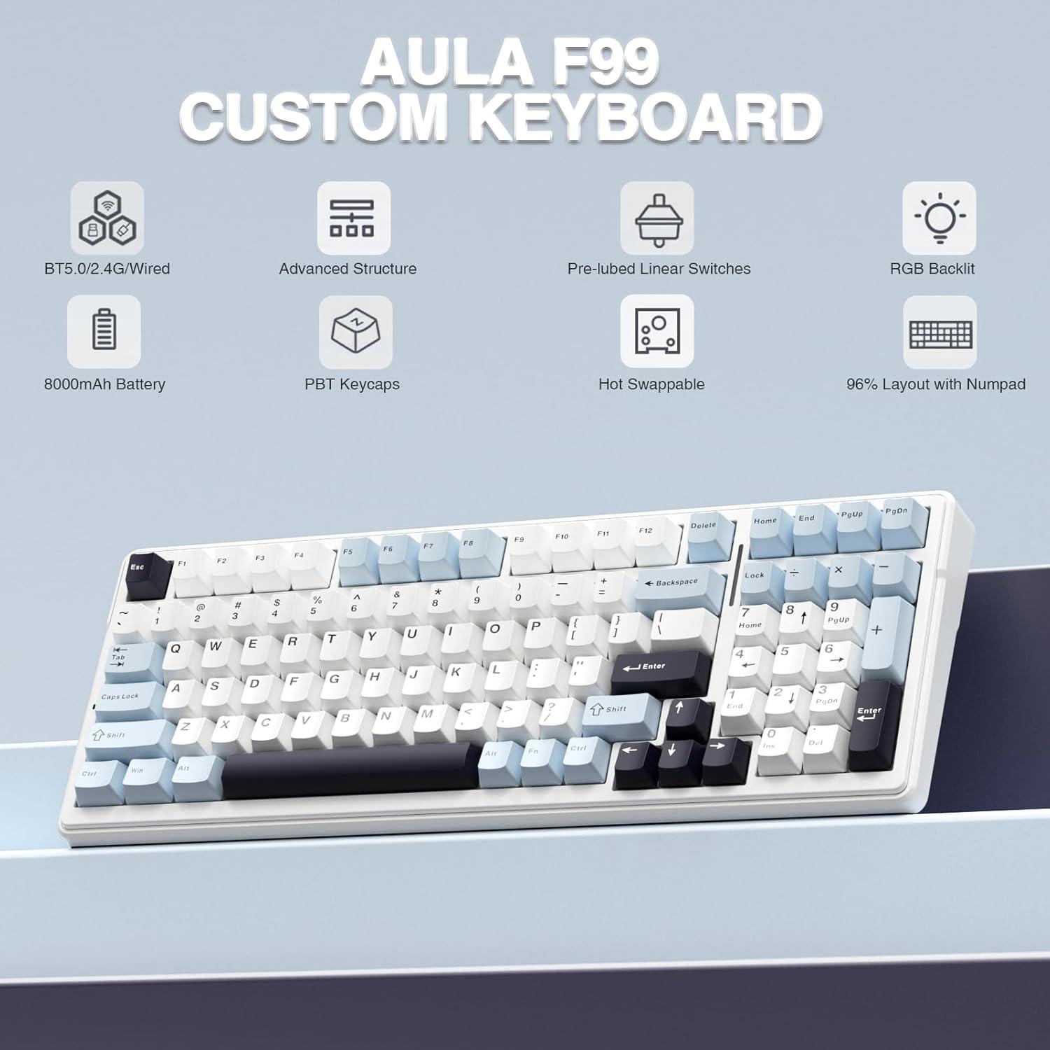 AULA F99 Wireless Mechanical Keyboard - Blue & White, RGB, Hot-Swappable, 99 Keys, Pre-Lubed
