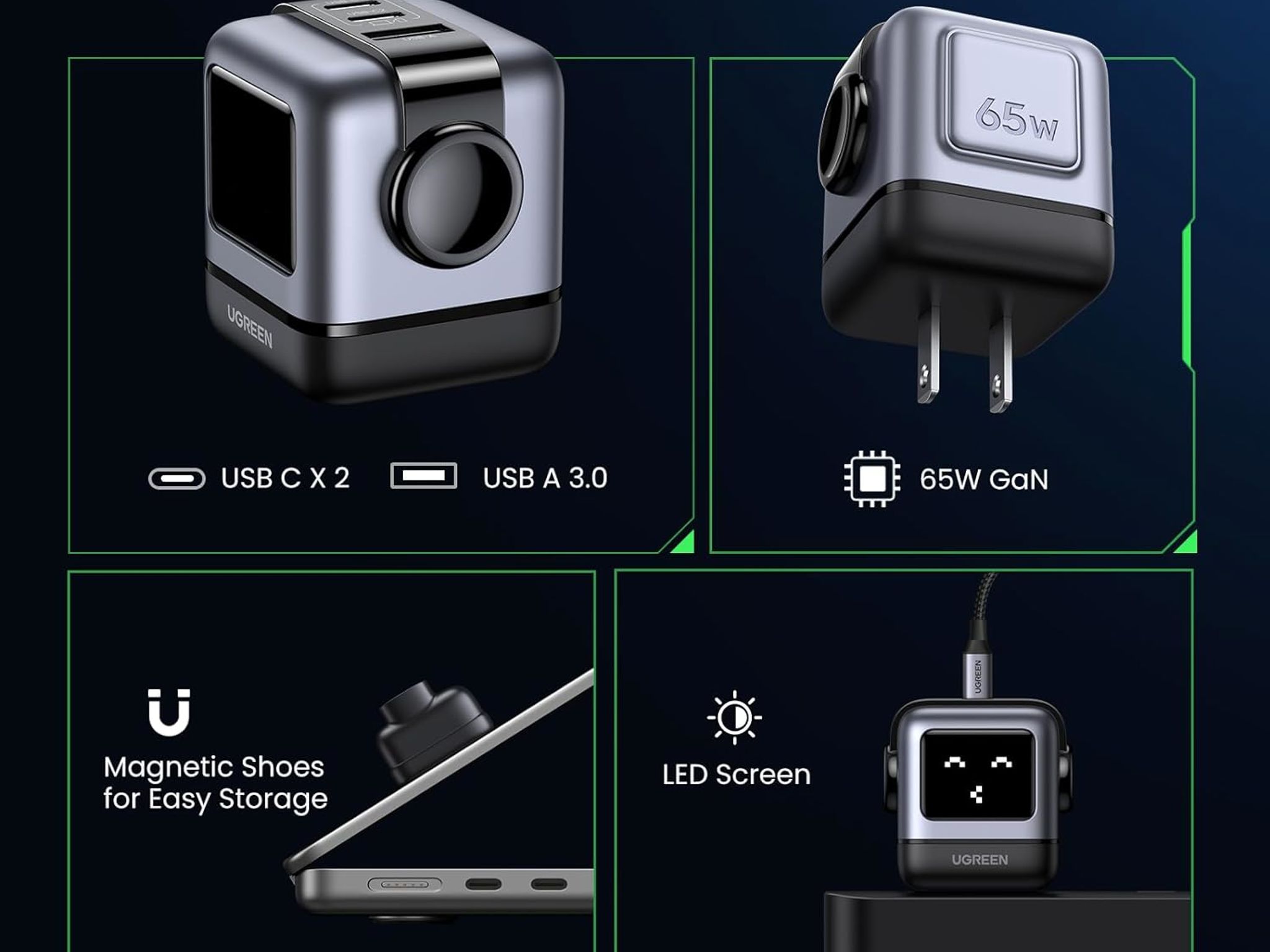 UGREEN RG 65W USB C Charger, Nexode 3-Port Robot GaN Fast Charger Block, Compact Wall Charger