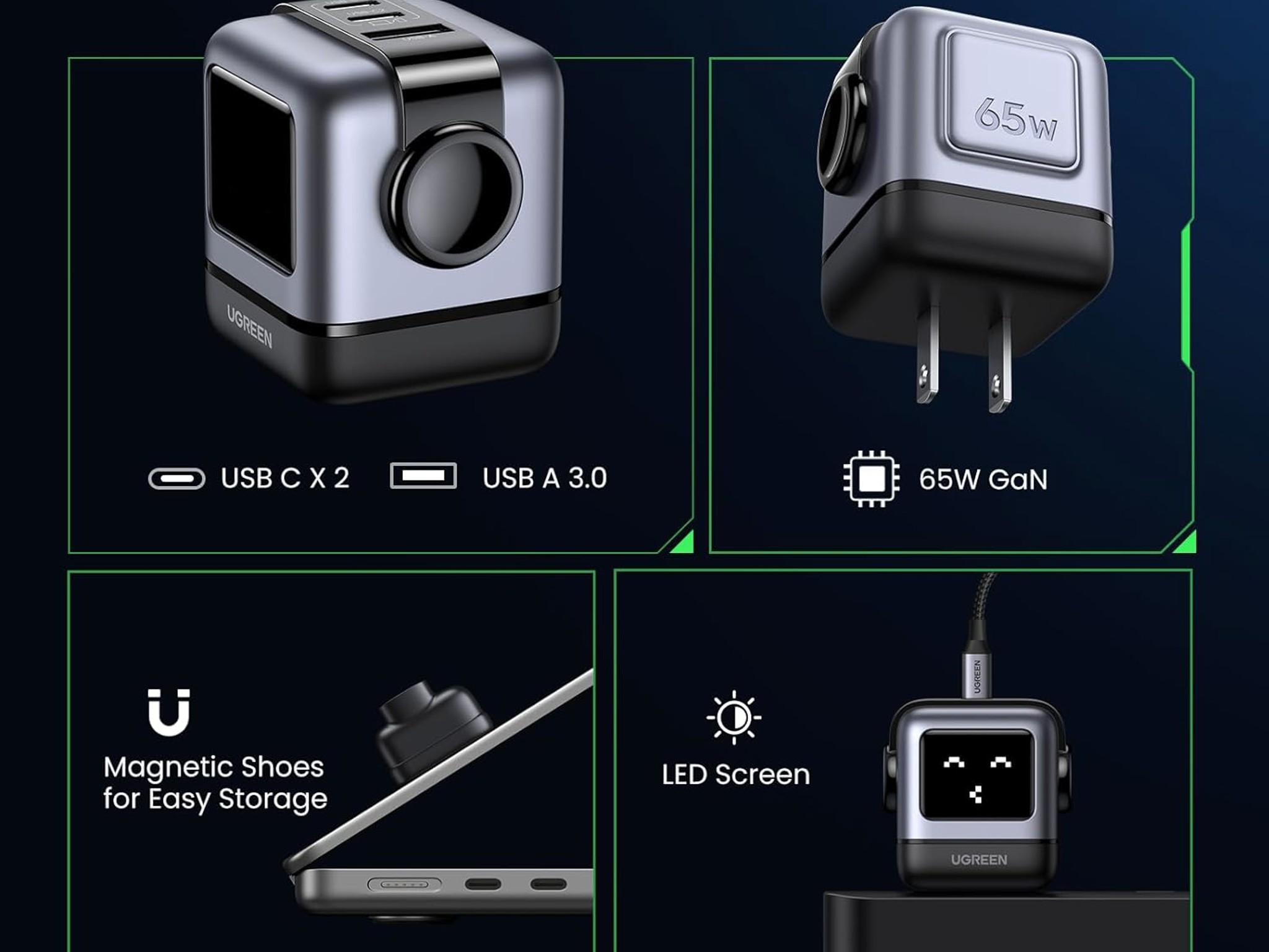 UGREEN RG 65W USB C Charger, Nexode 3-Port Robot GaN Fast Charger Block, Compact Wall Charger