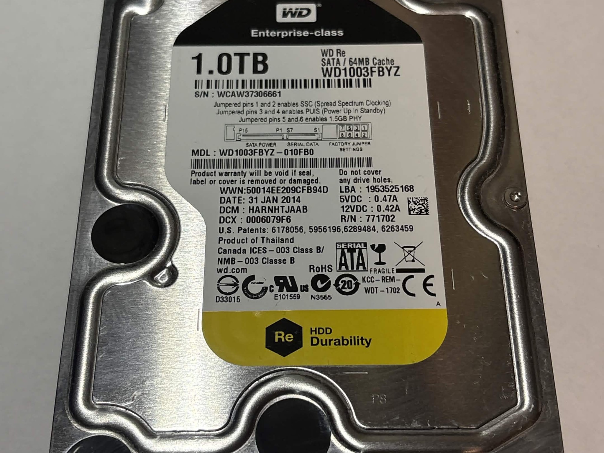 WD Re 1TB Enterprise HDD – 7200RPM 64MB Cache SATA – WD1003FBYZ – Good SMART  Description