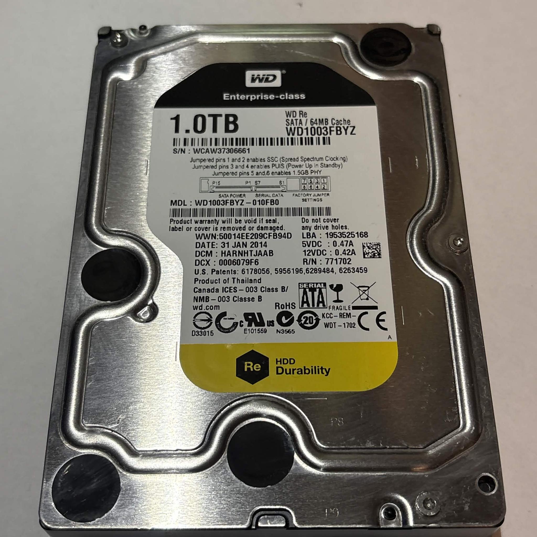 WD Re 1TB Enterprise HDD – 7200RPM 64MB Cache SATA – WD1003FBYZ – Good SMART  Description