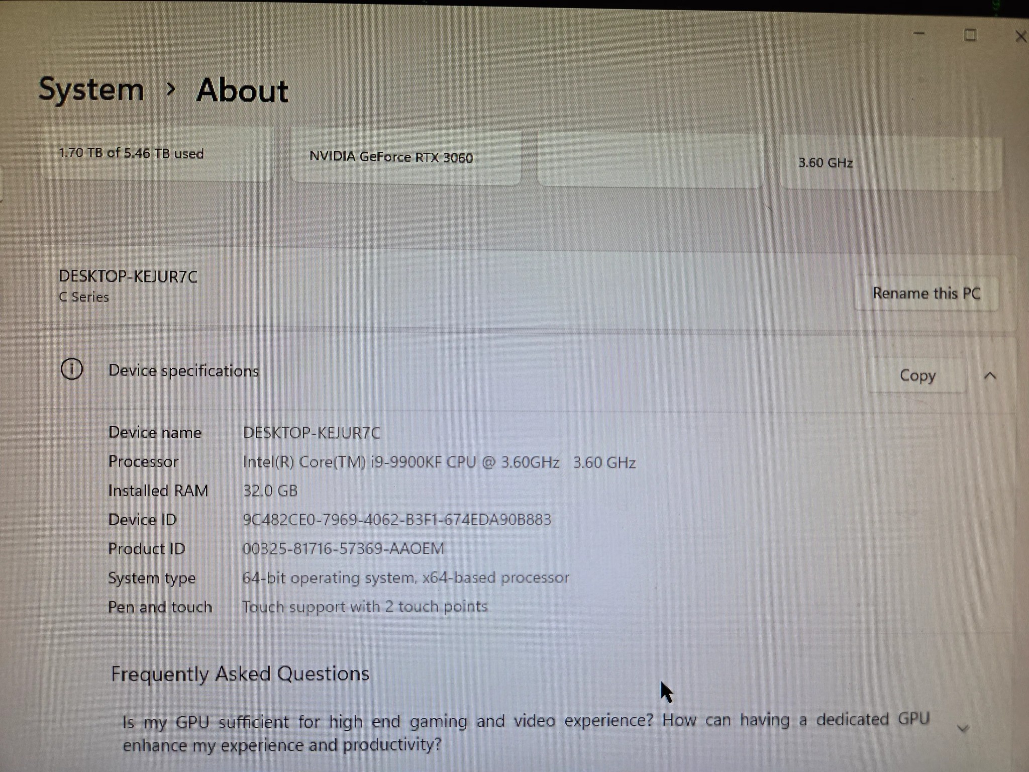 Intel Core i9-9900KF 3.6GHz Boost 5GHz 8 Core