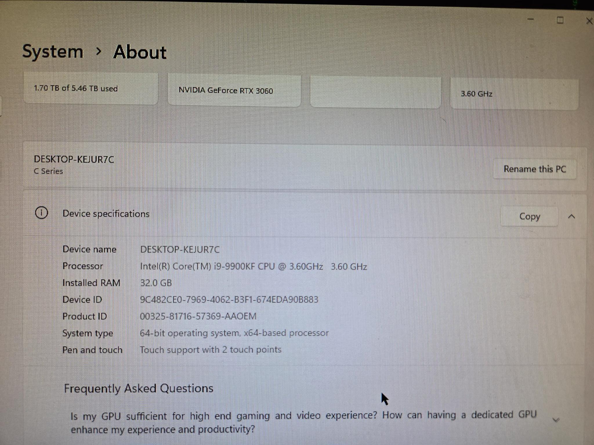 Intel Core i9-9900KF 3.6GHz Boost 5GHz 8 Core