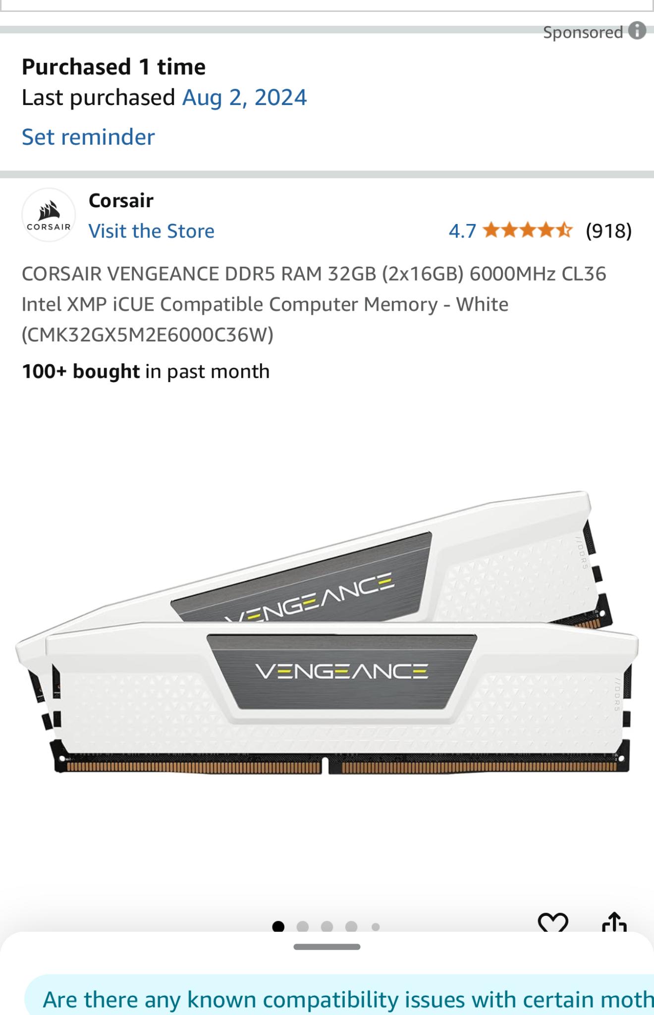 CORSAIR VENGEANCE DDR5 RAM 32GB 6000MHz CL36 Intel XMP iCUE Compatible Computer Memory - White