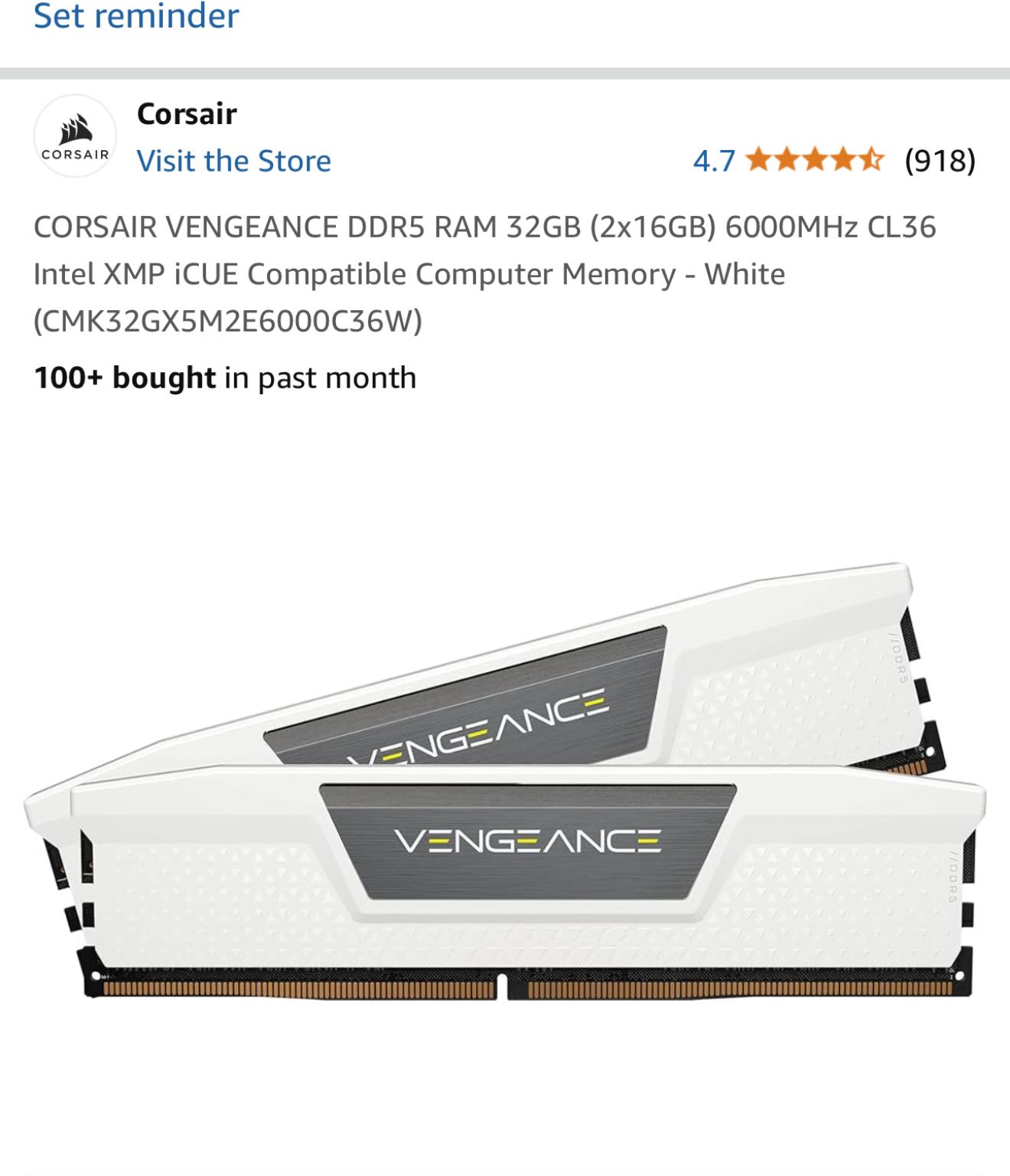 CORSAIR VENGEANCE DDR5 RAM 32GB 6000MHz CL36 Intel XMP iCUE Compatible Computer Memory - White