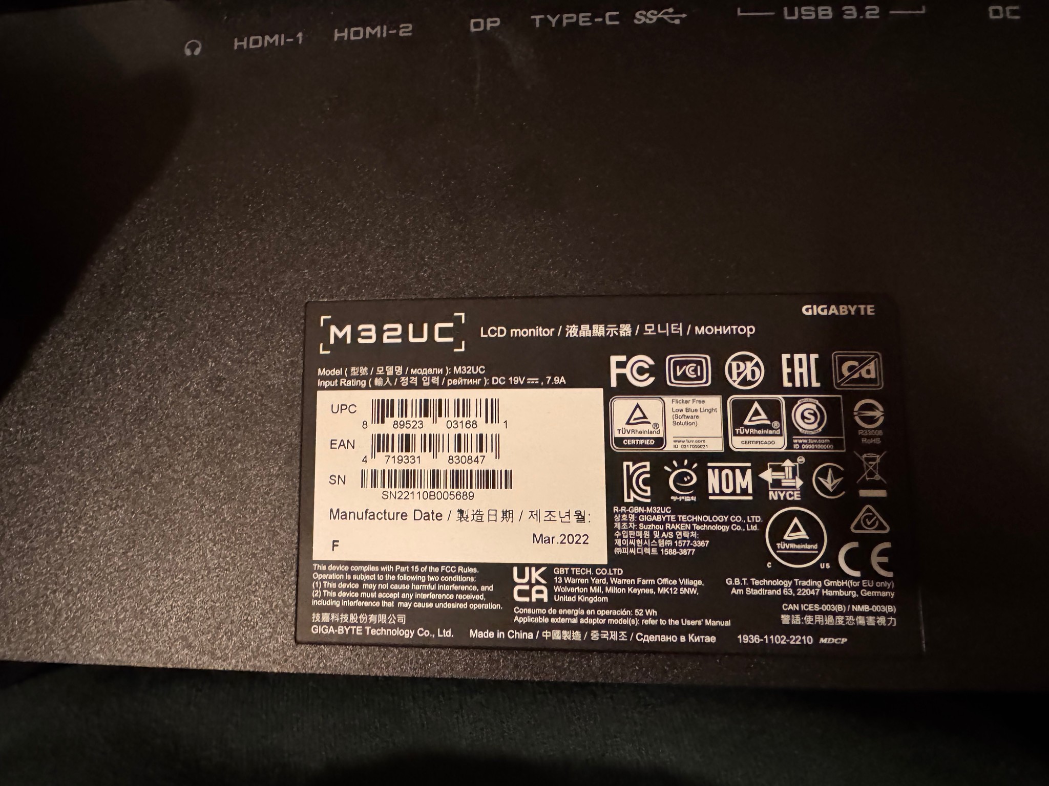 Used gigabyte 32” LCD VA 144hz gaming monitor.