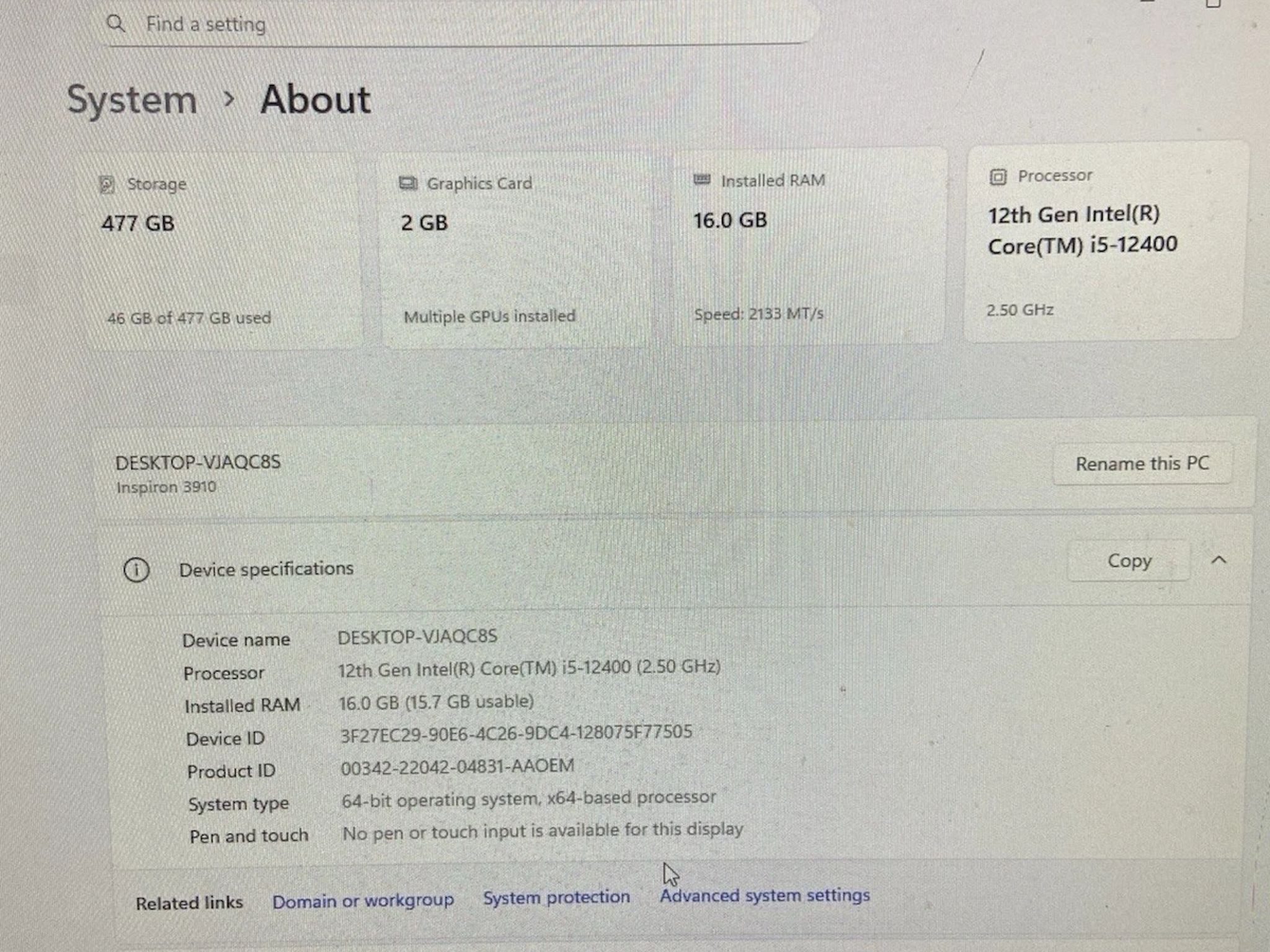 Dell Inspiron 3910 Intel Core i5 16GB RAM 500GB NVMe Windows 11