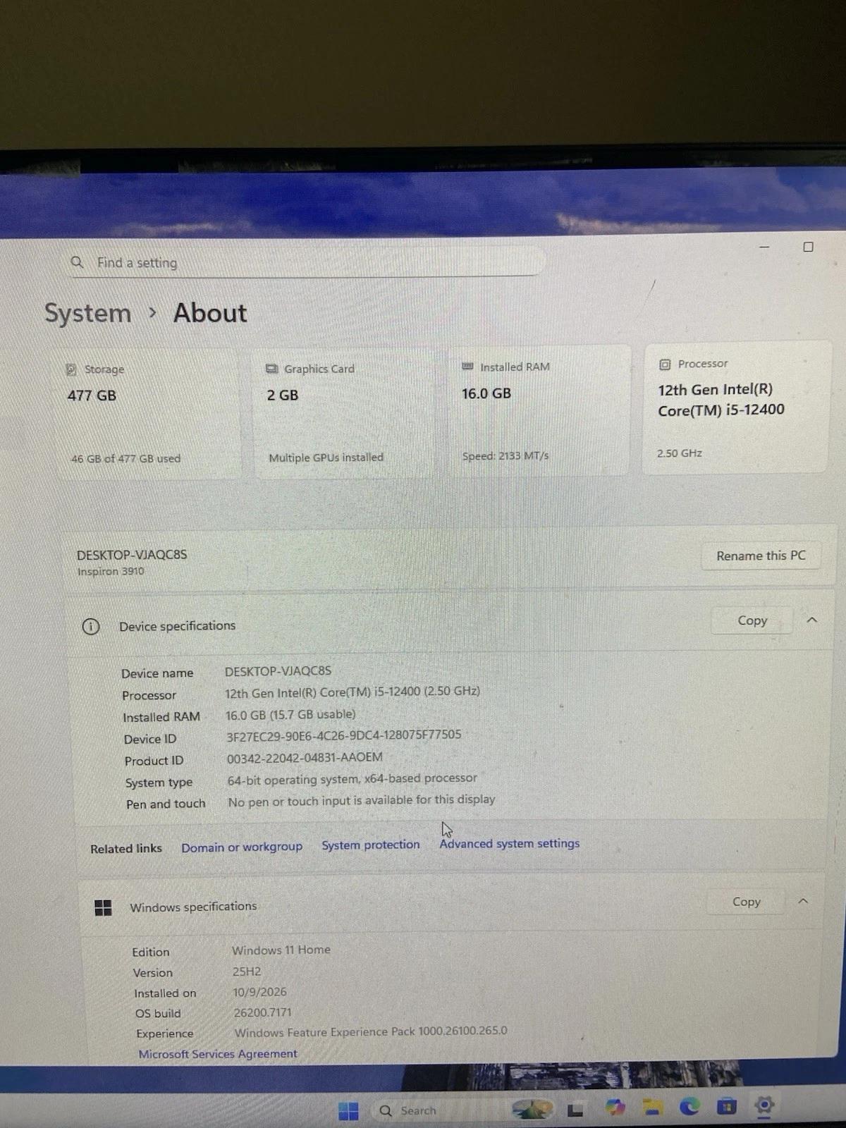 Dell Inspiron 3910 Intel Core i5 16GB RAM 500GB NVMe Windows 11