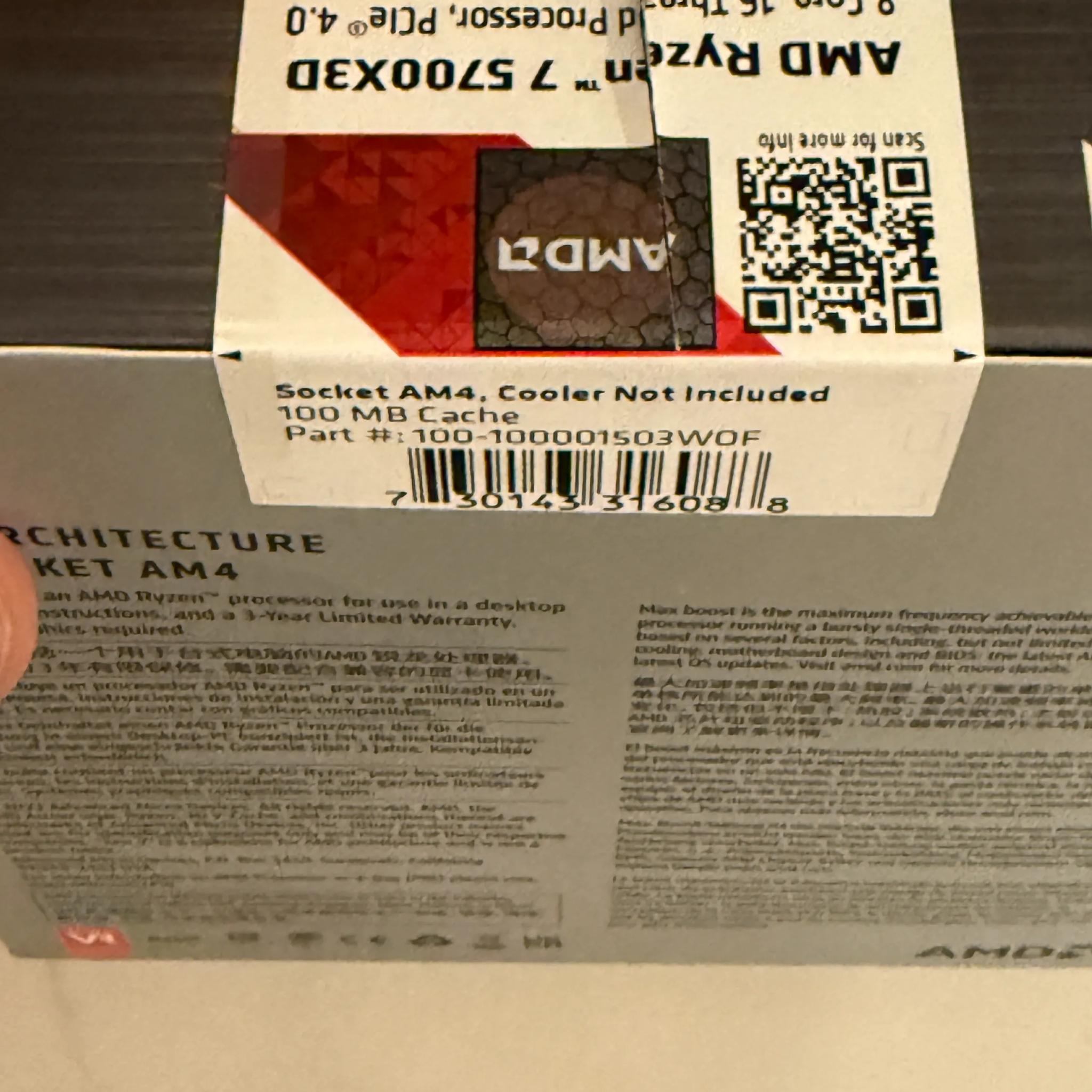 AMD Ryzen 7 5700X3D Vermeer AM4 3.0GHz 8 Core CPU - Heatsink Not Included-Slit on box top but sealed