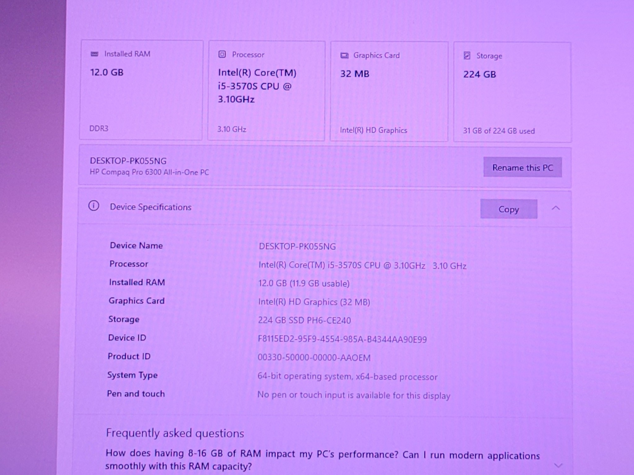 HP Compaq Pro 6300 All-in-One | i5-3570S 3.1GHZ | 12GB RAM | 240GB SSD | WIN 10 | XP Vista Gaming