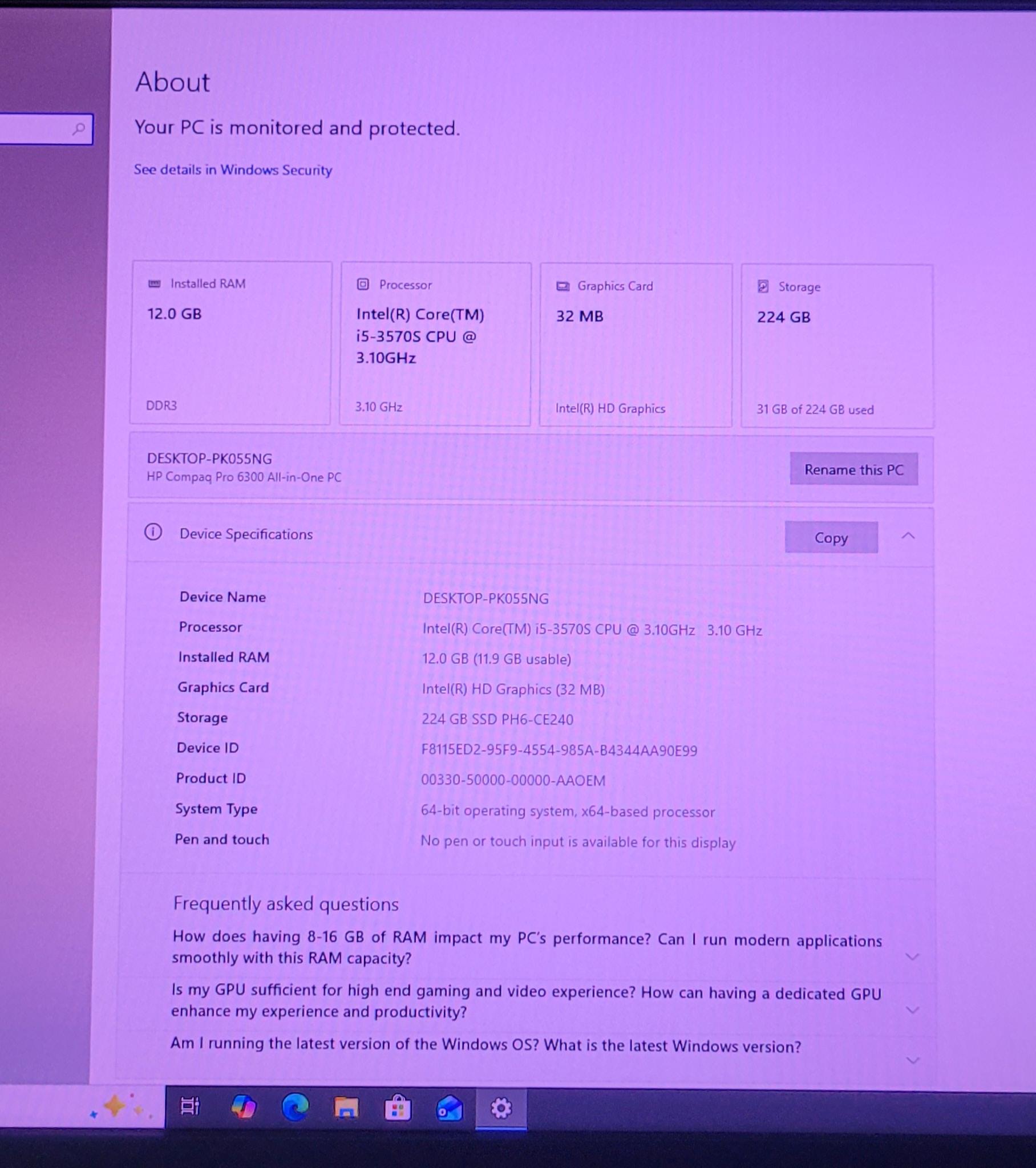 HP Compaq Pro 6300 All-in-One | i5-3570S 3.1GHZ | 12GB RAM | 240GB SSD | WIN 10 | XP Vista Gaming