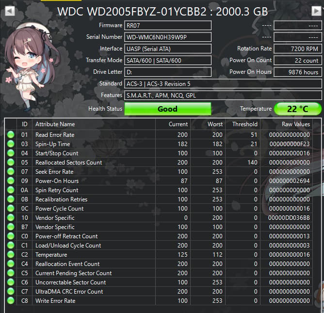 WD Gold 2TB WD2005FBYZ 7200RPM SATA Datacenter HDD – 9,876 Hours – Good SMART