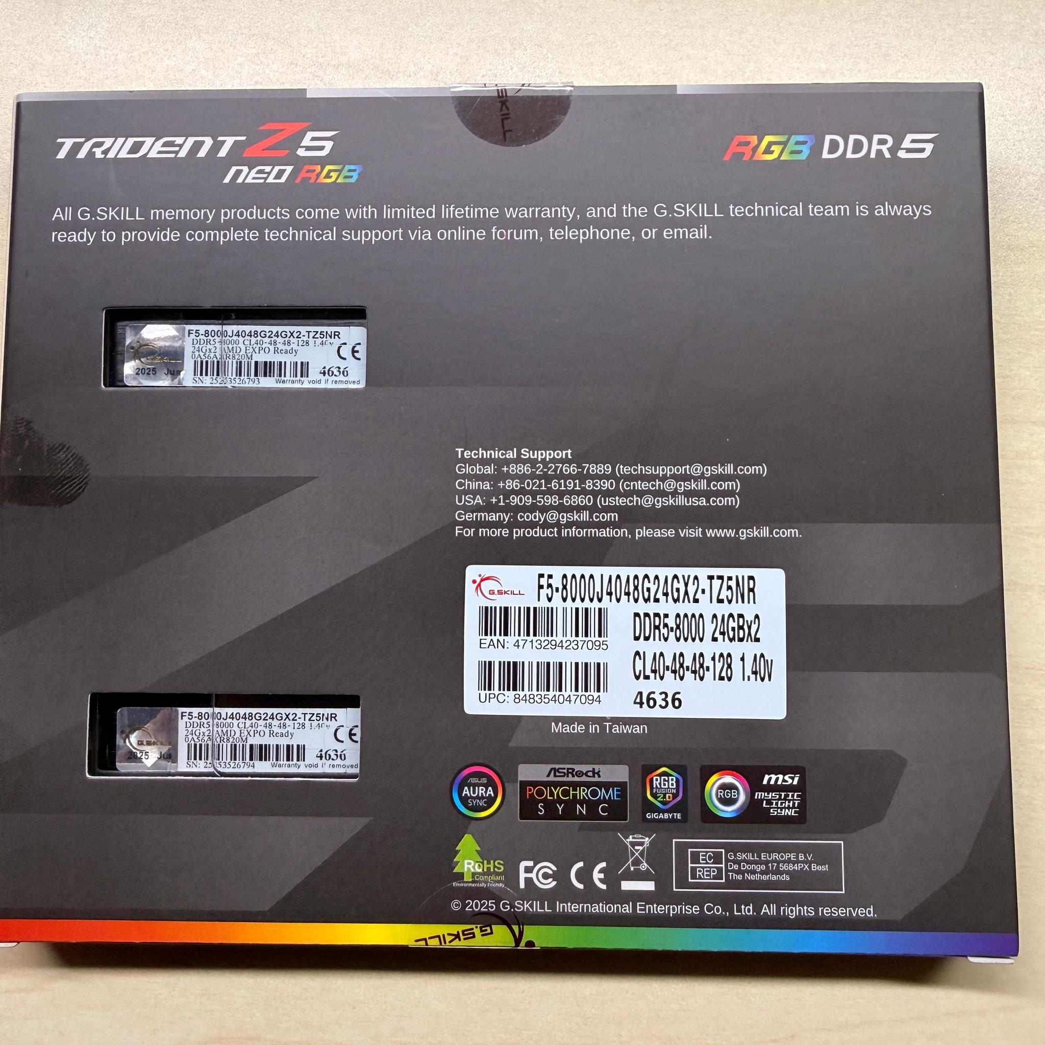 G.Skill Trident Z5 neo rgb DDR5-8000 CL40 24Gbx2 EXPO