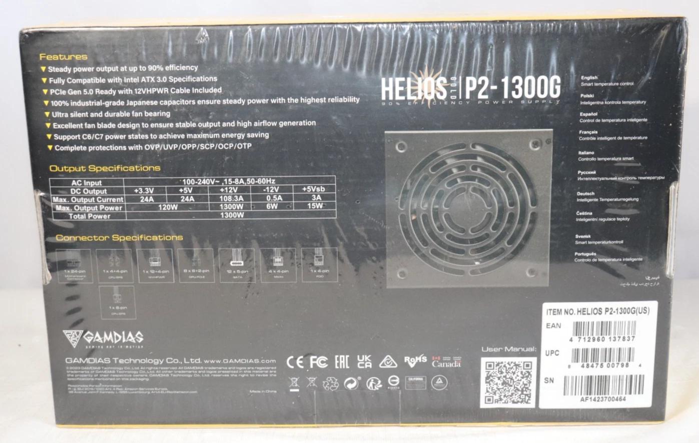 GAMDIAS Helios P2‑1300G 1300W 80+ Gold Fully Modular PSU ATX Power Supply NEW