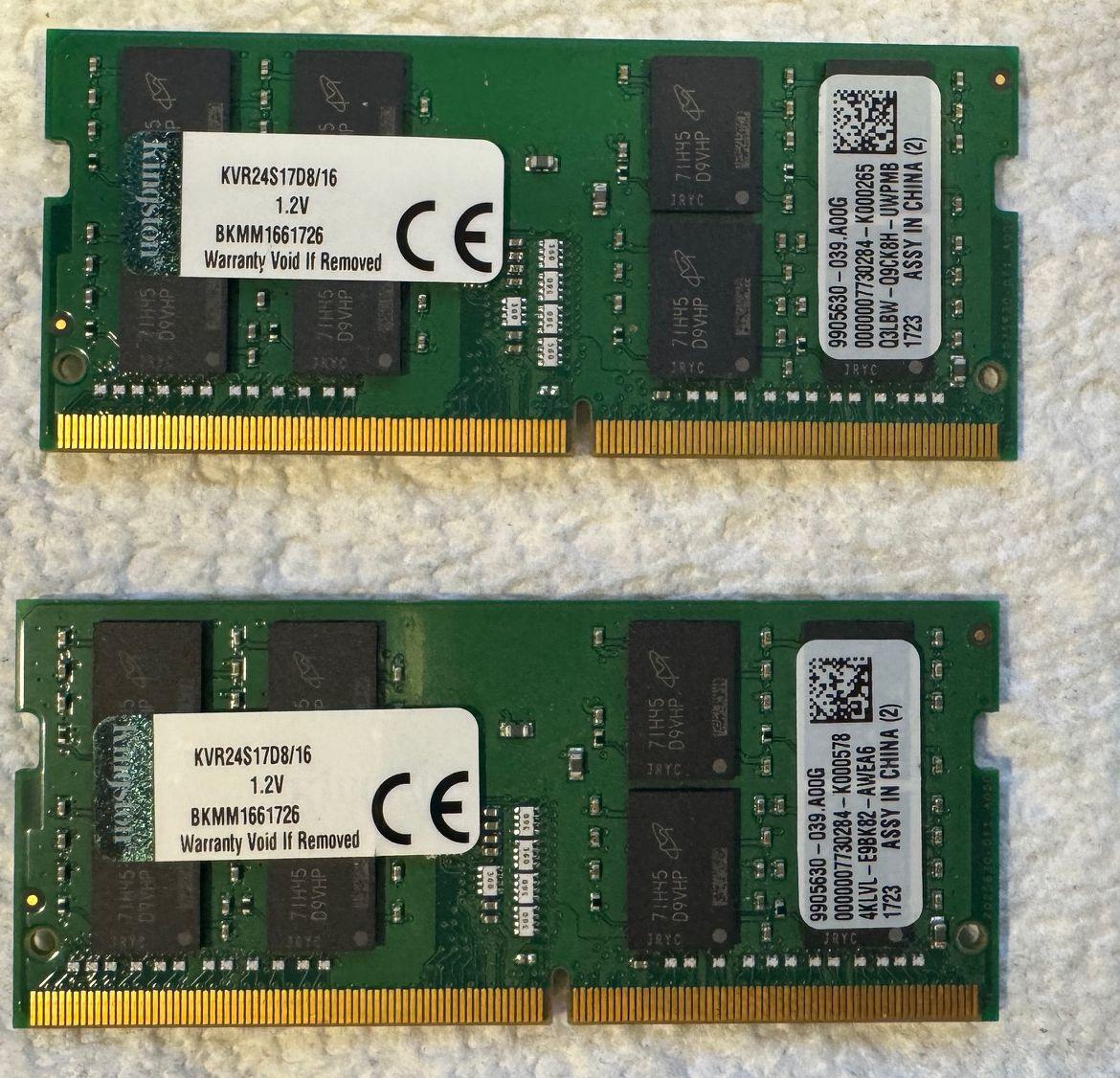 Two 16 GB RAM Sticks Kingston KVR24S17D8/16