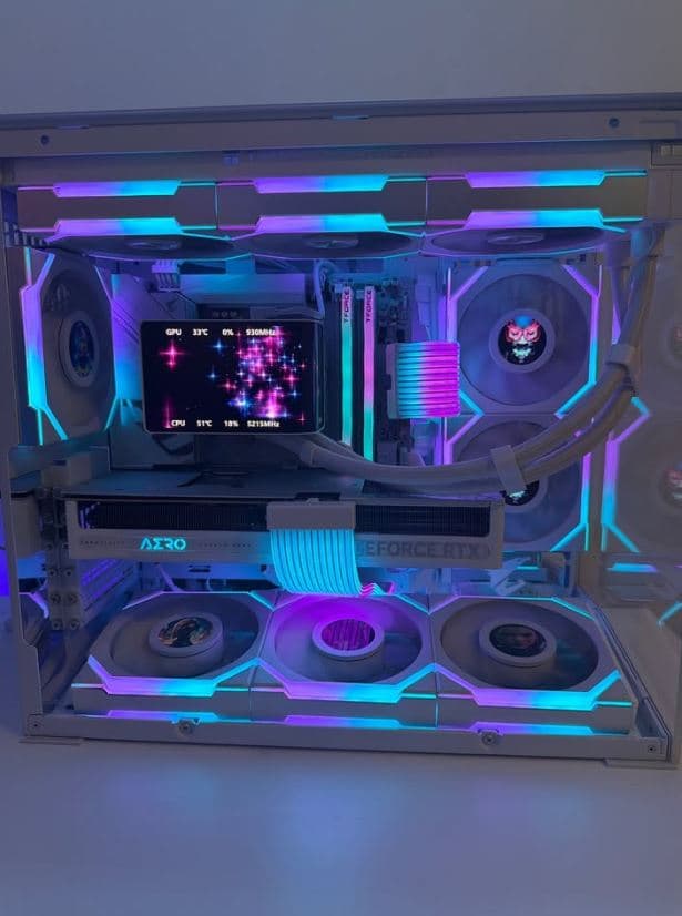 Gaming PC Nvidia RTX 5080, Ryzen 7 9800X3D, Lian Li 011 Mini V2 White, LCD Fans, 3D AIO, 2TB Gen5