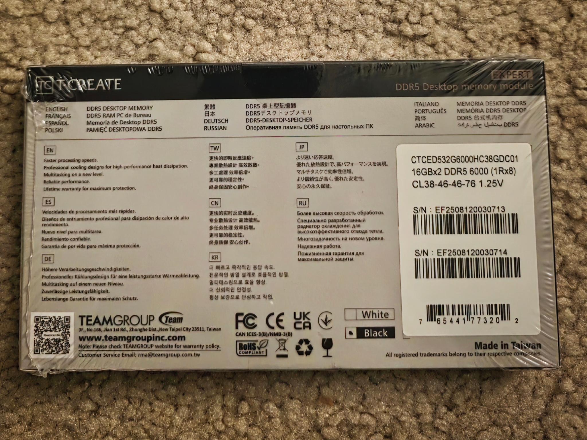 TEAMGROUP T-Create Expert 32GB (2 x 16GB) DDR5 6000MHz CL38-46-46-76 Black Brand New Sealed