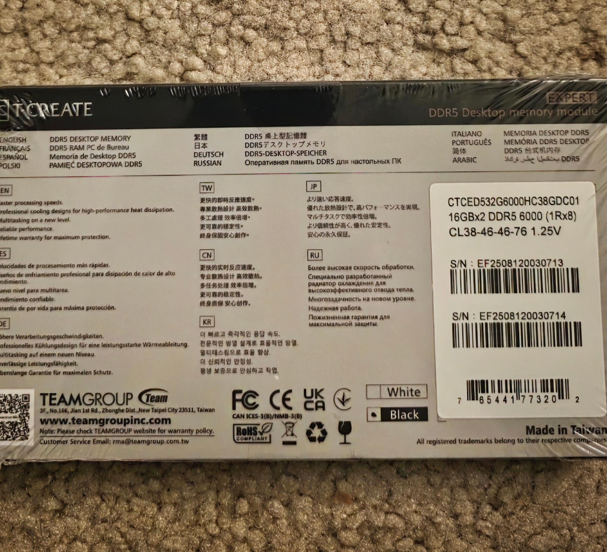 TEAMGROUP T-Create Expert 32GB (2 x 16GB) DDR5 6000MHz CL38-46-46-76 Black Brand New Sealed