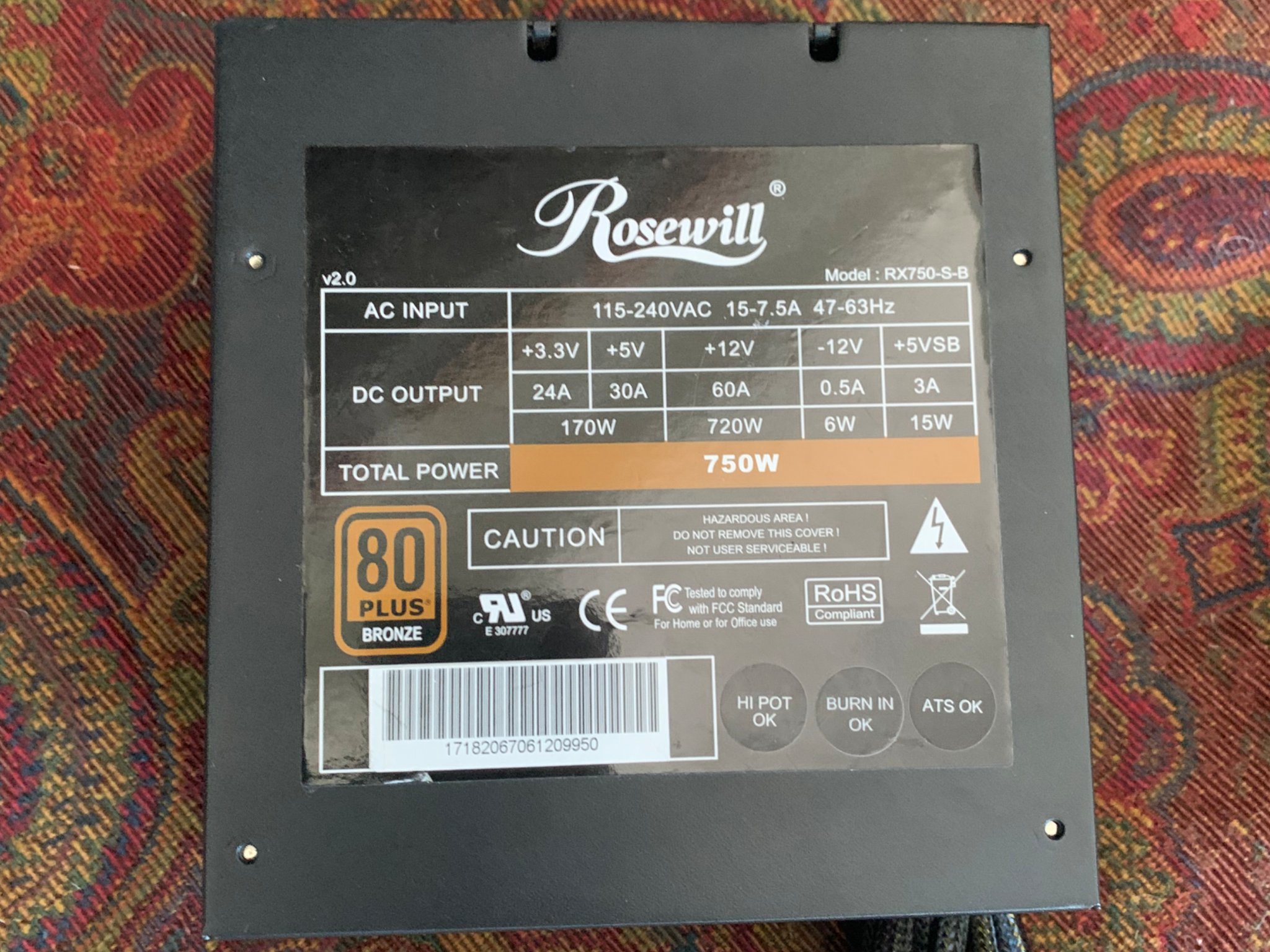 Lightly Used Rosewill 750w 80+ Bronze Efficiency Power Supply