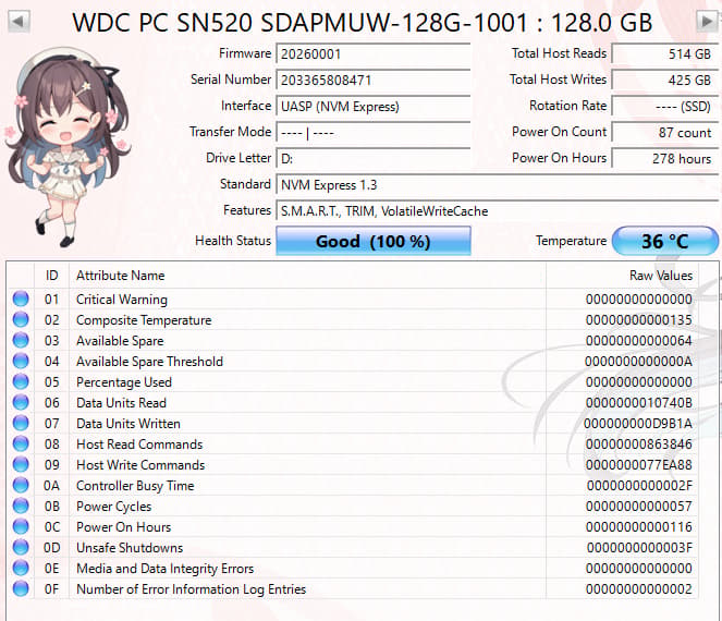 WD SN520 128GB NVMe SSD Tested Working 100% Health Low Hours
