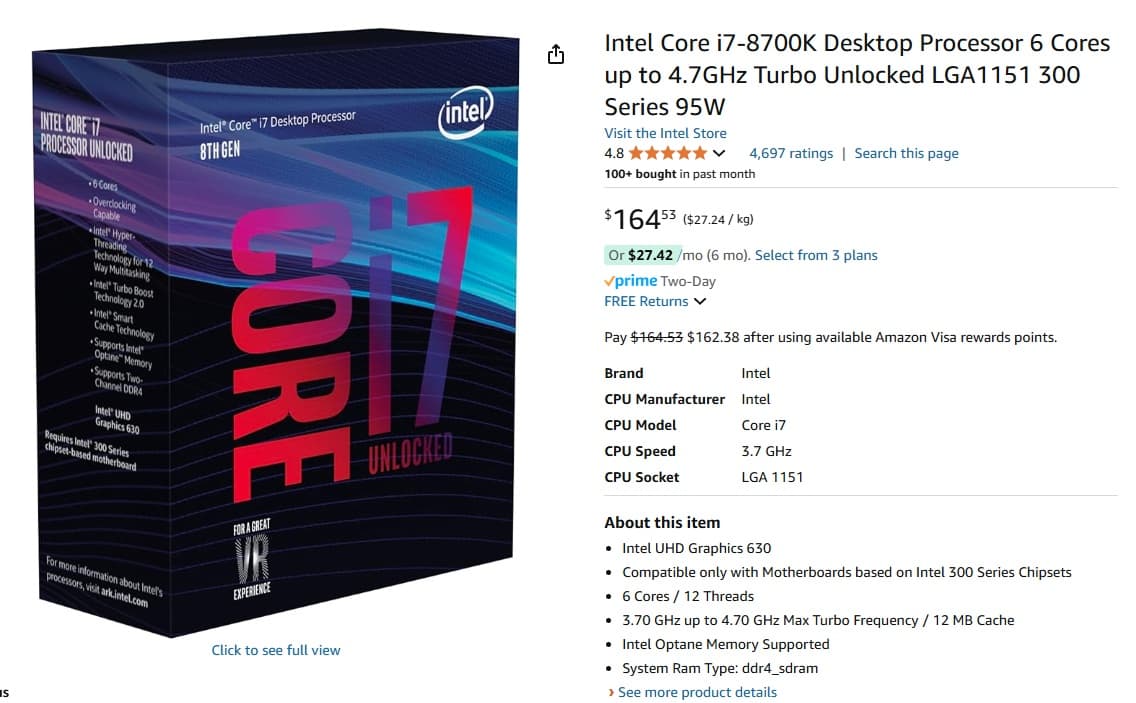 Intel i7-8700k with Asrock Z390 Phantom Gaming 4-1B WiFi Motherboard Bundle