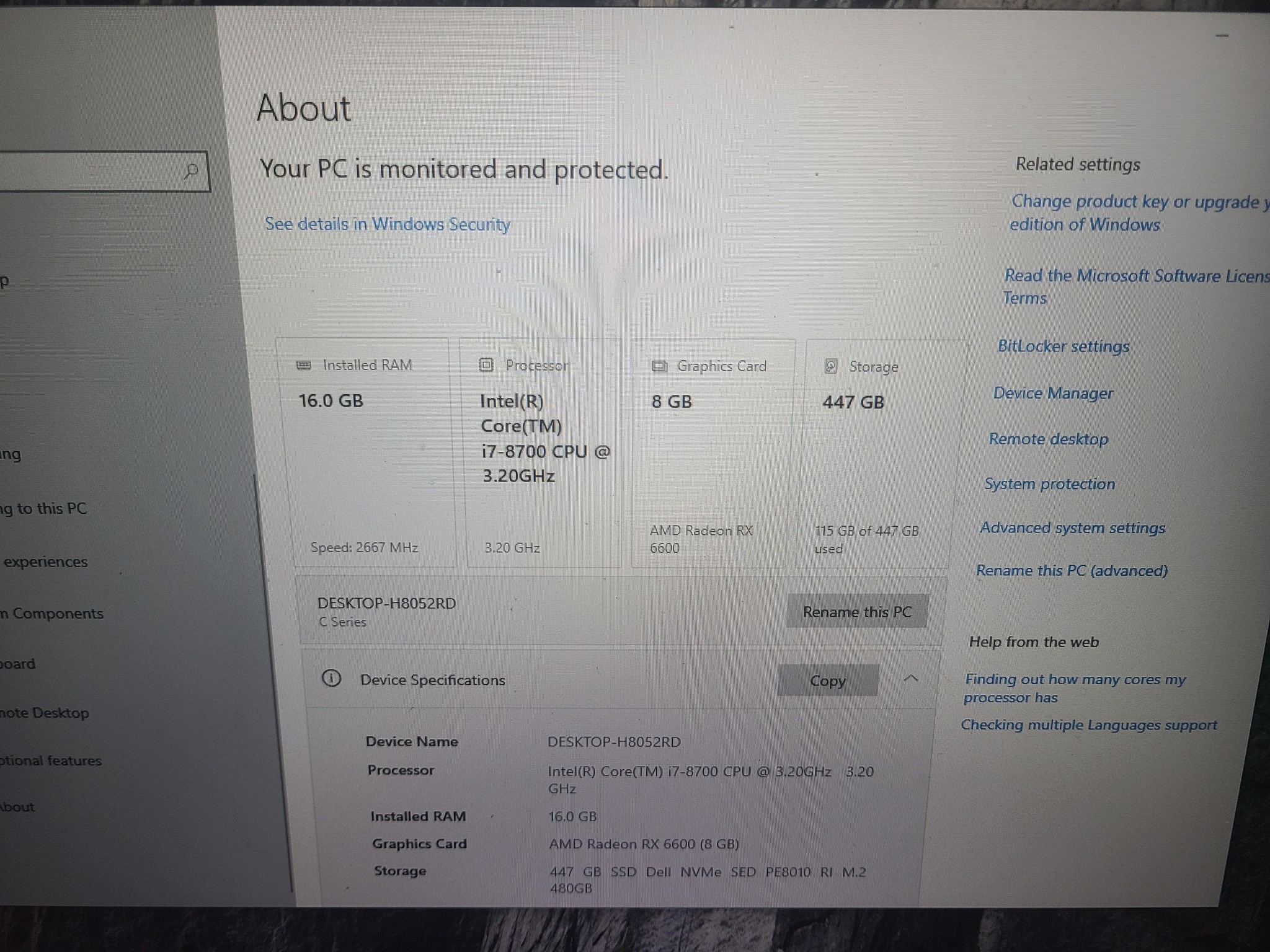 M-atx i7 8700/16gb ddr4/rx 6600