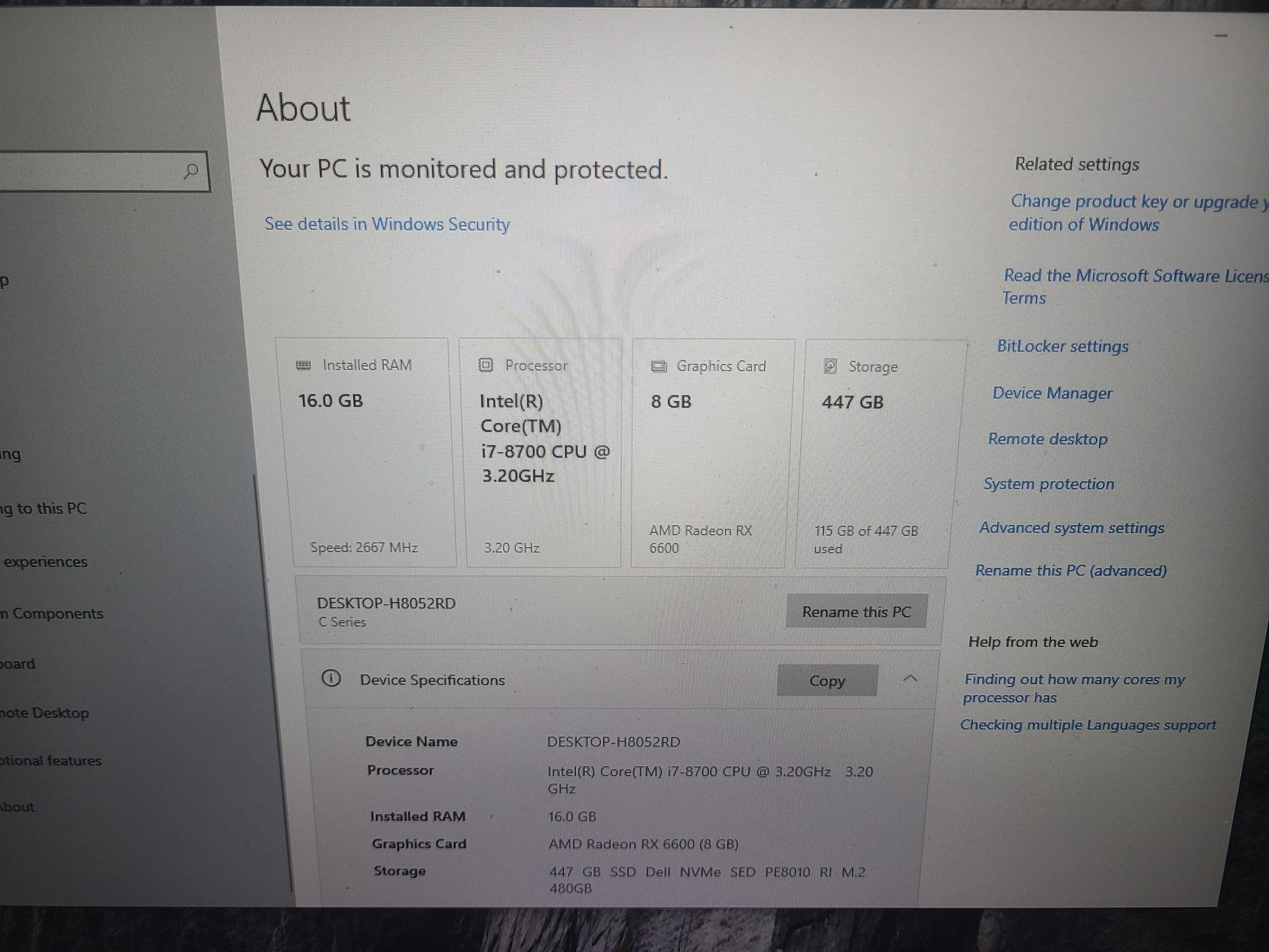 M-atx i7 8700/16gb ddr4/rx 6600