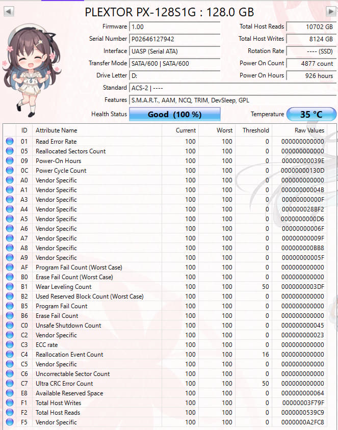 Plextor 128GB SATA SSD Tested Working 100% Health Low Hours