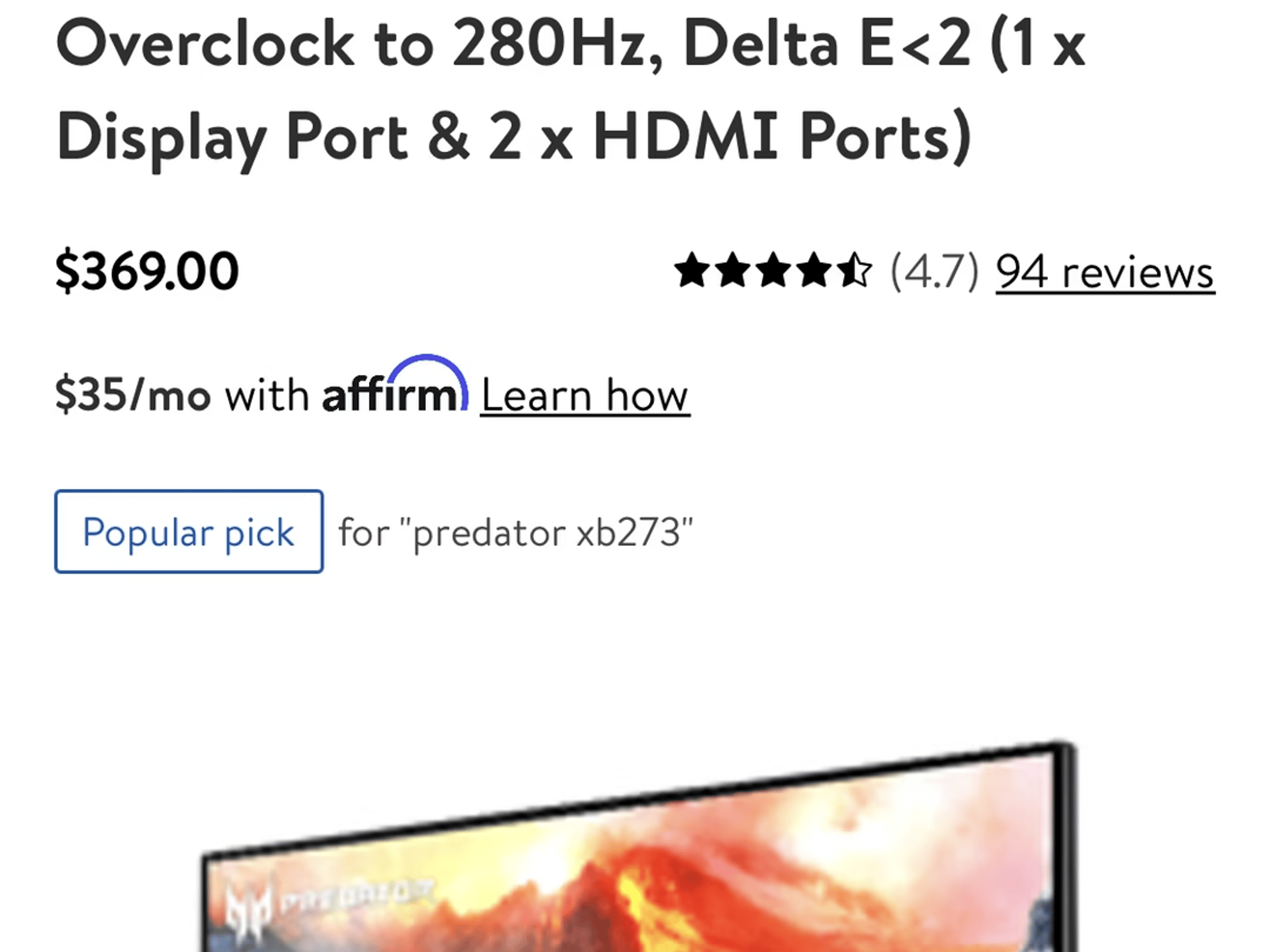 Used Acer Predator 1080p 240hz monitor 