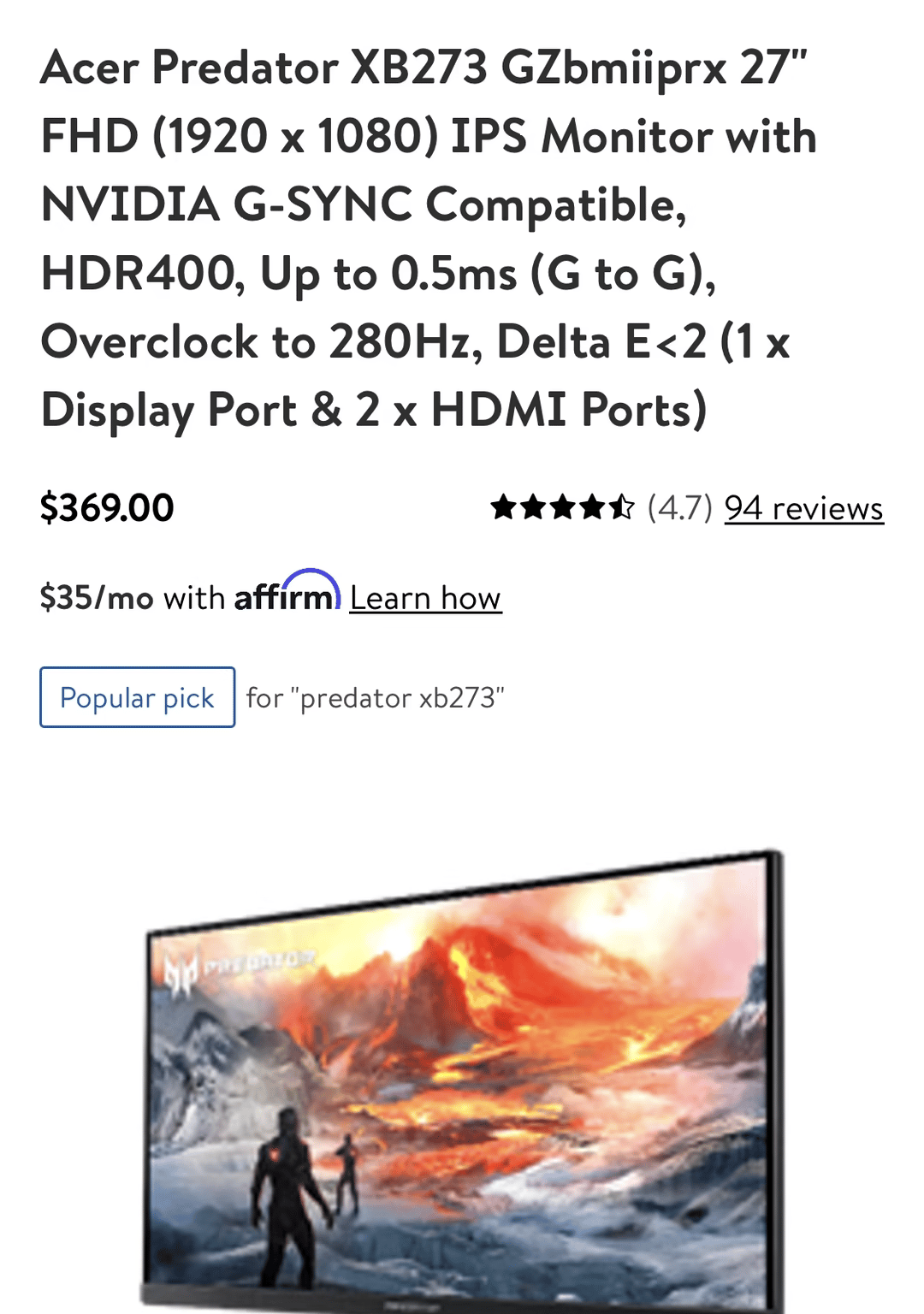 Used Acer Predator 1080p 240hz monitor 