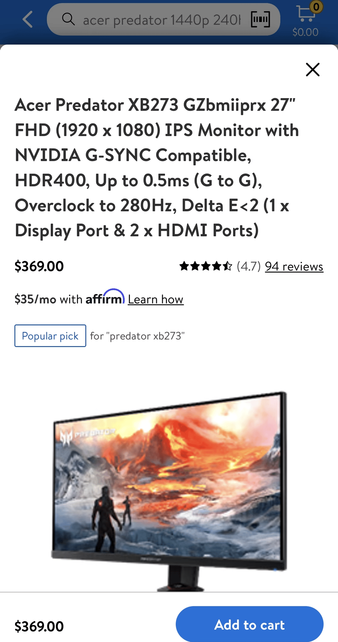 Used Acer Predator 1080p 240hz monitor 