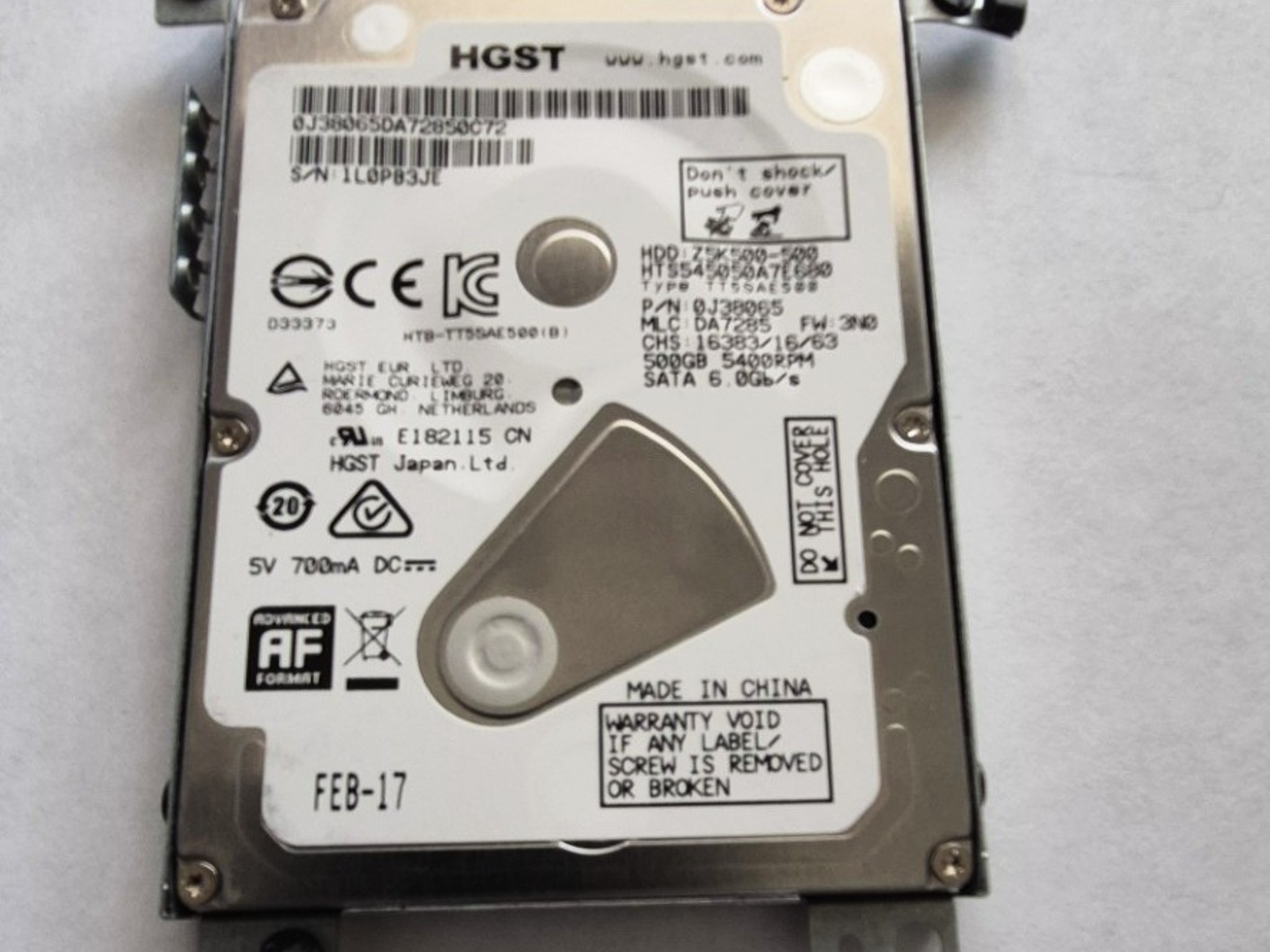 Pre-owned HGST 500GB 2.5" SATA HDD HTS545050A7E680 Z5K500-500 655-1730A 5400RPM 100%