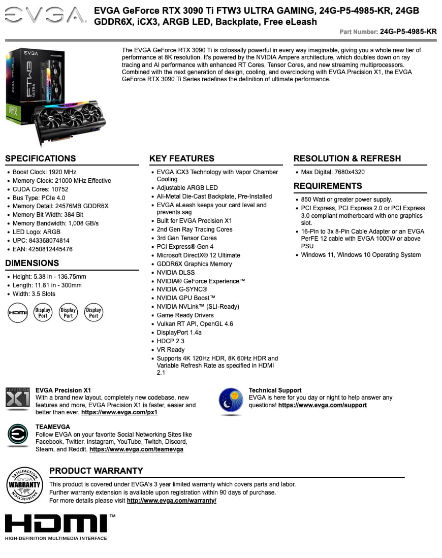 EVGA GeForce RTX 3090 Ti FTW3 ULTRA GAMING