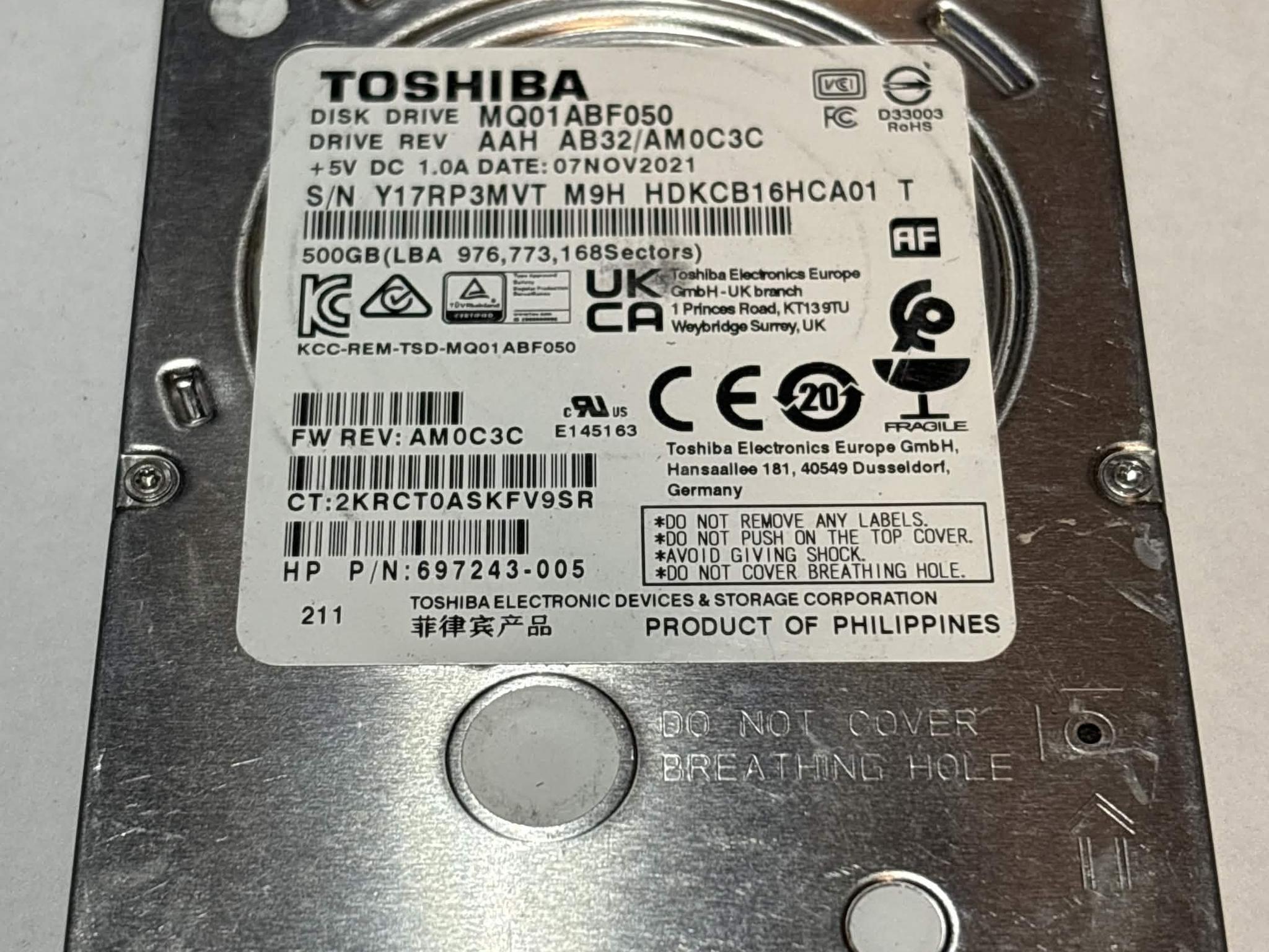 Toshiba 500GB SATA Laptop Hard Drive | Tested & Functional
