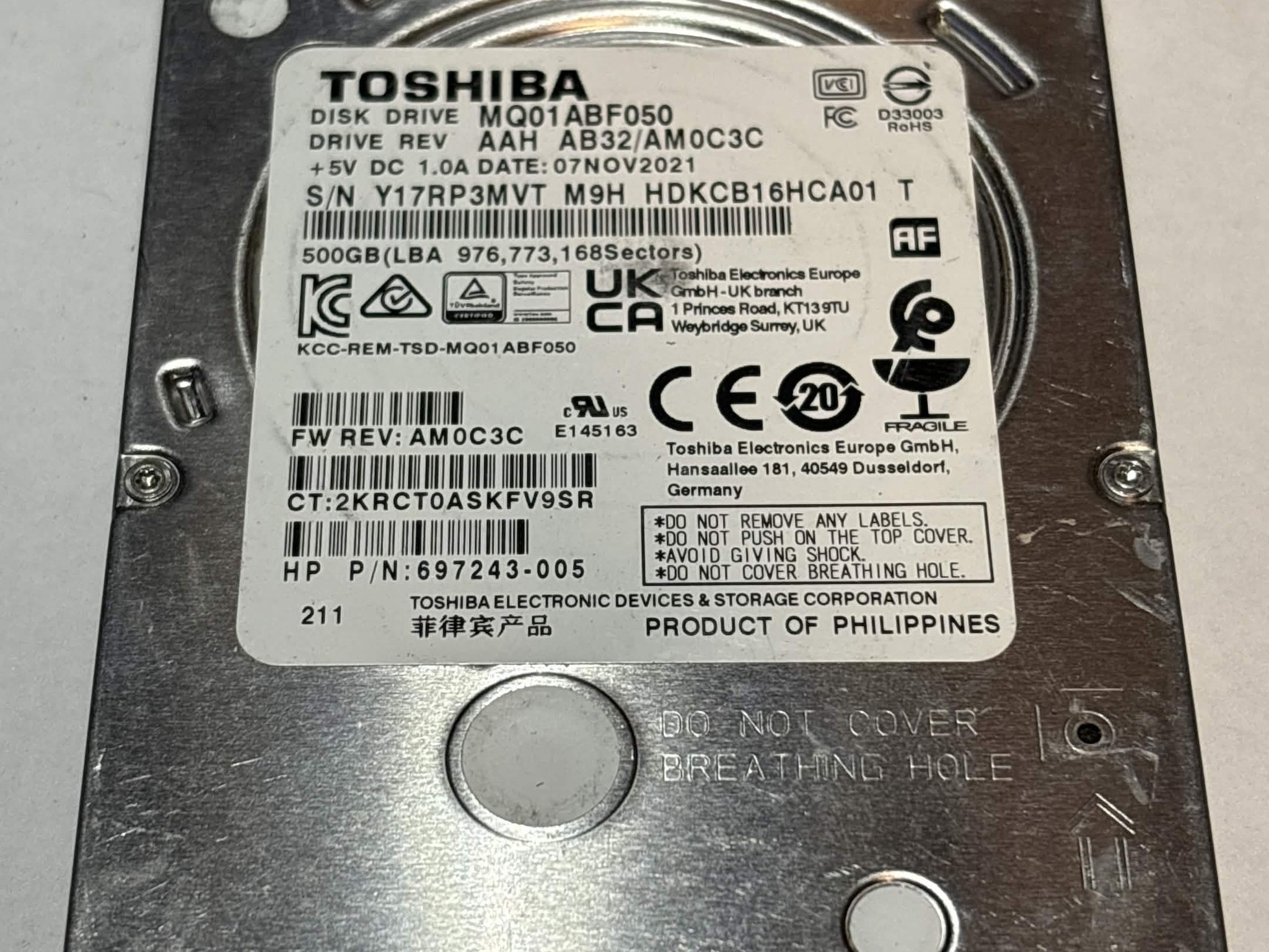 Toshiba 500GB SATA Laptop Hard Drive | Tested & Functional