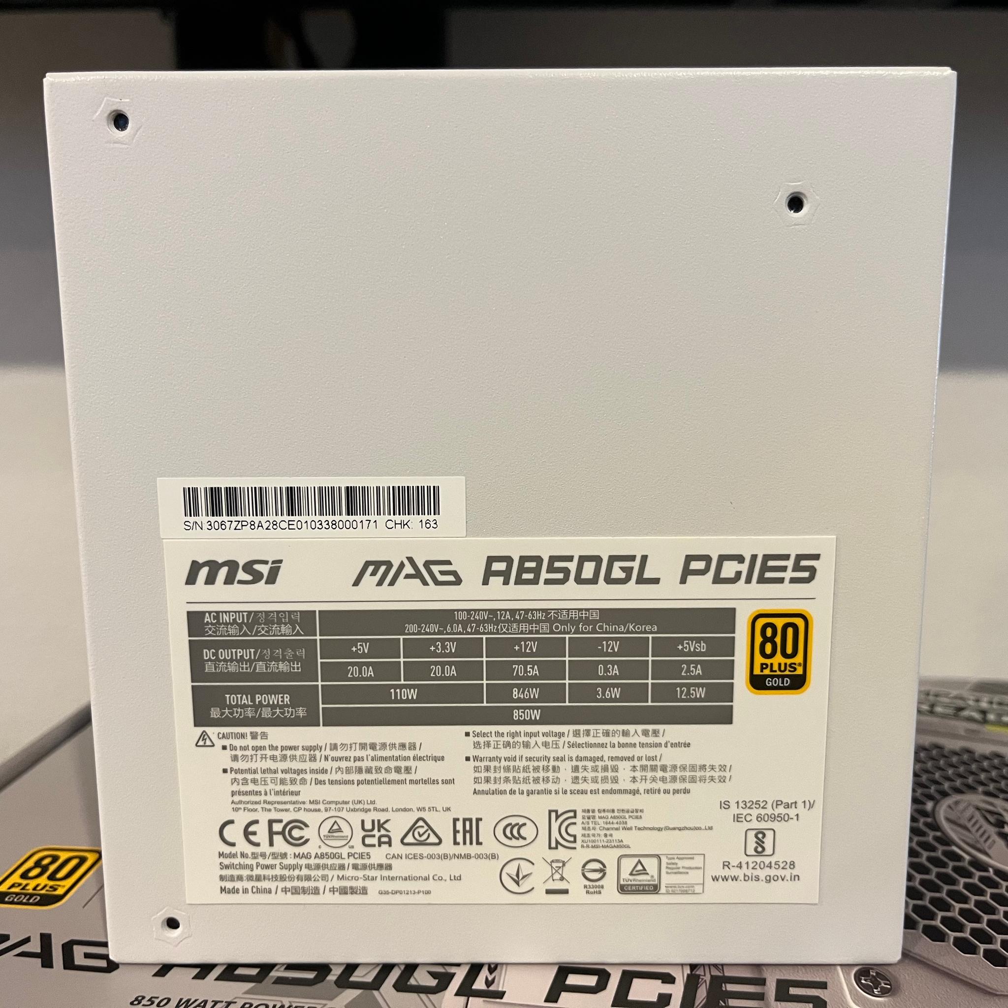 MSI MAG A850GL PCIE5 850 Watt PSU (Like New, Color: White)