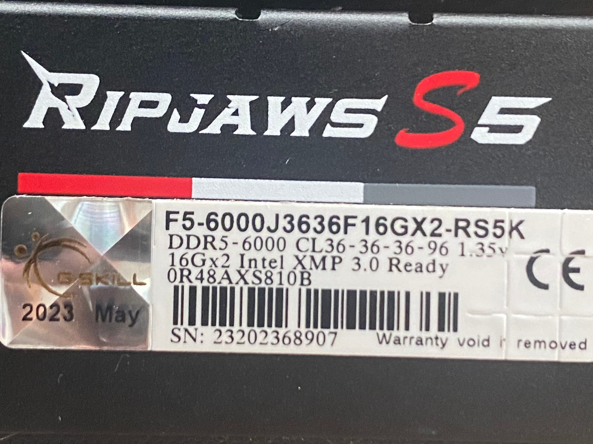 G.Skill Ripjaws S5 32GB 2 x 16GB DDR5-6000 PC5-48000 CL36 Dual Channel Desktop Memory Kit