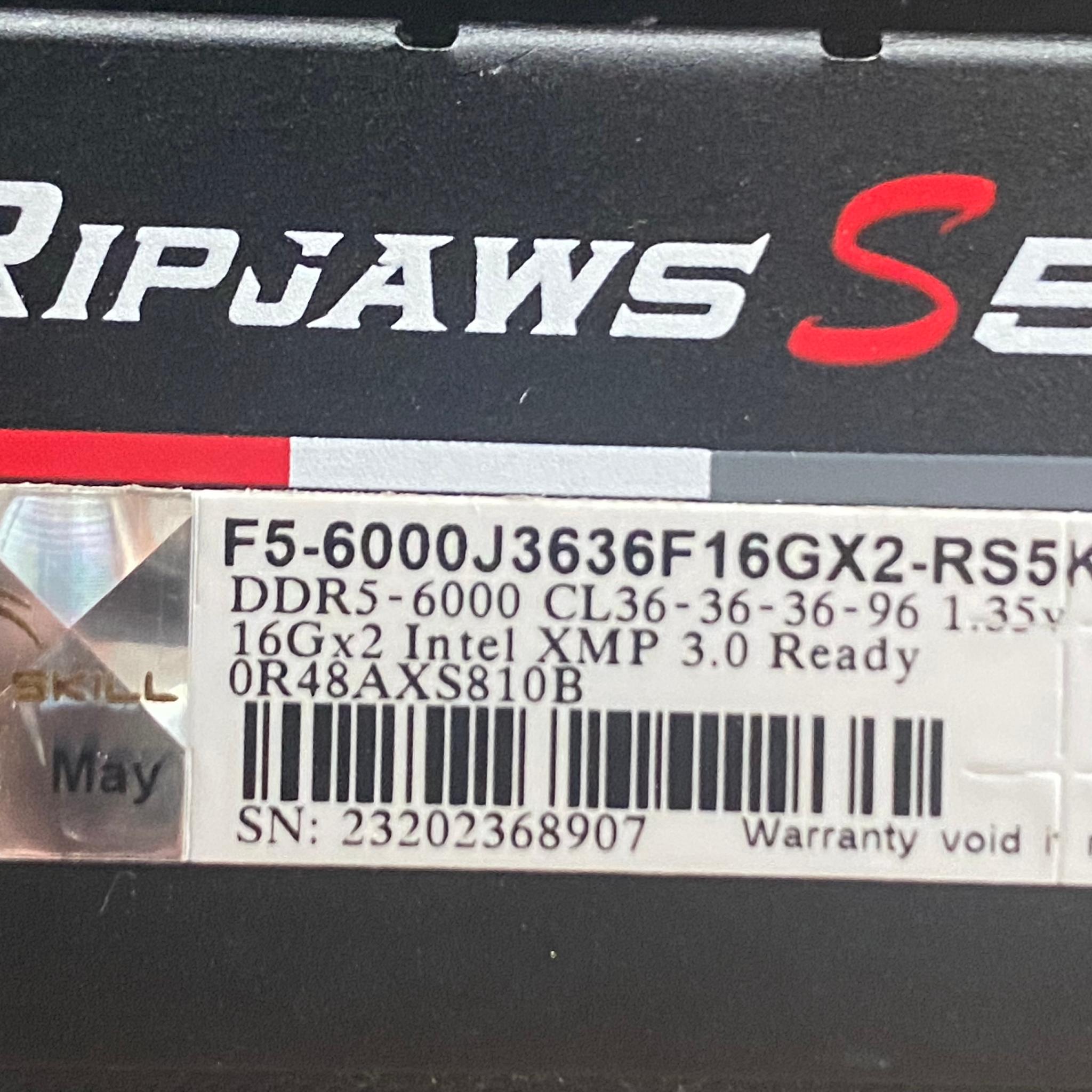 G.Skill Ripjaws S5 32GB 2 x 16GB DDR5-6000 PC5-48000 CL36 Dual Channel Desktop Memory Kit