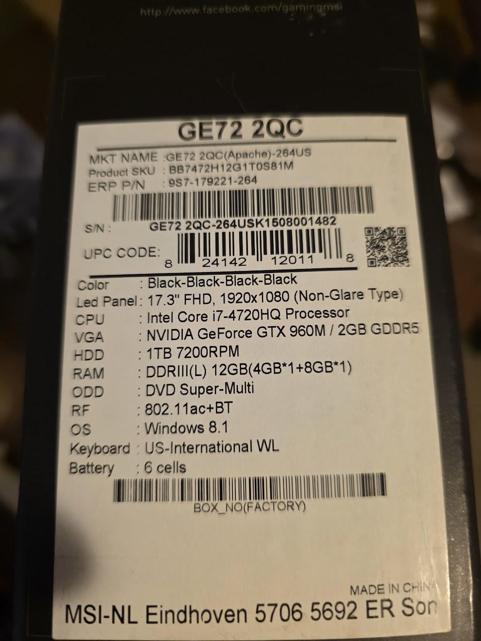 MSI GE72 2qc APACHE-264US GTX 960M USED / UPGRADED / GREAT SHAPE / WINDOWS 10 HOME