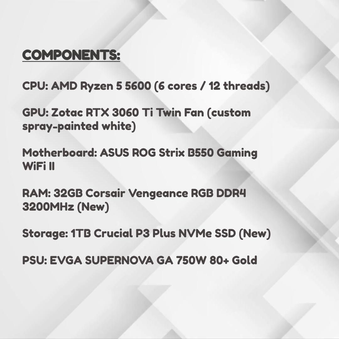 Custom White RGB Gaming Desktop PC – Ryzen 5 5600 + White RTX 3060 Ti