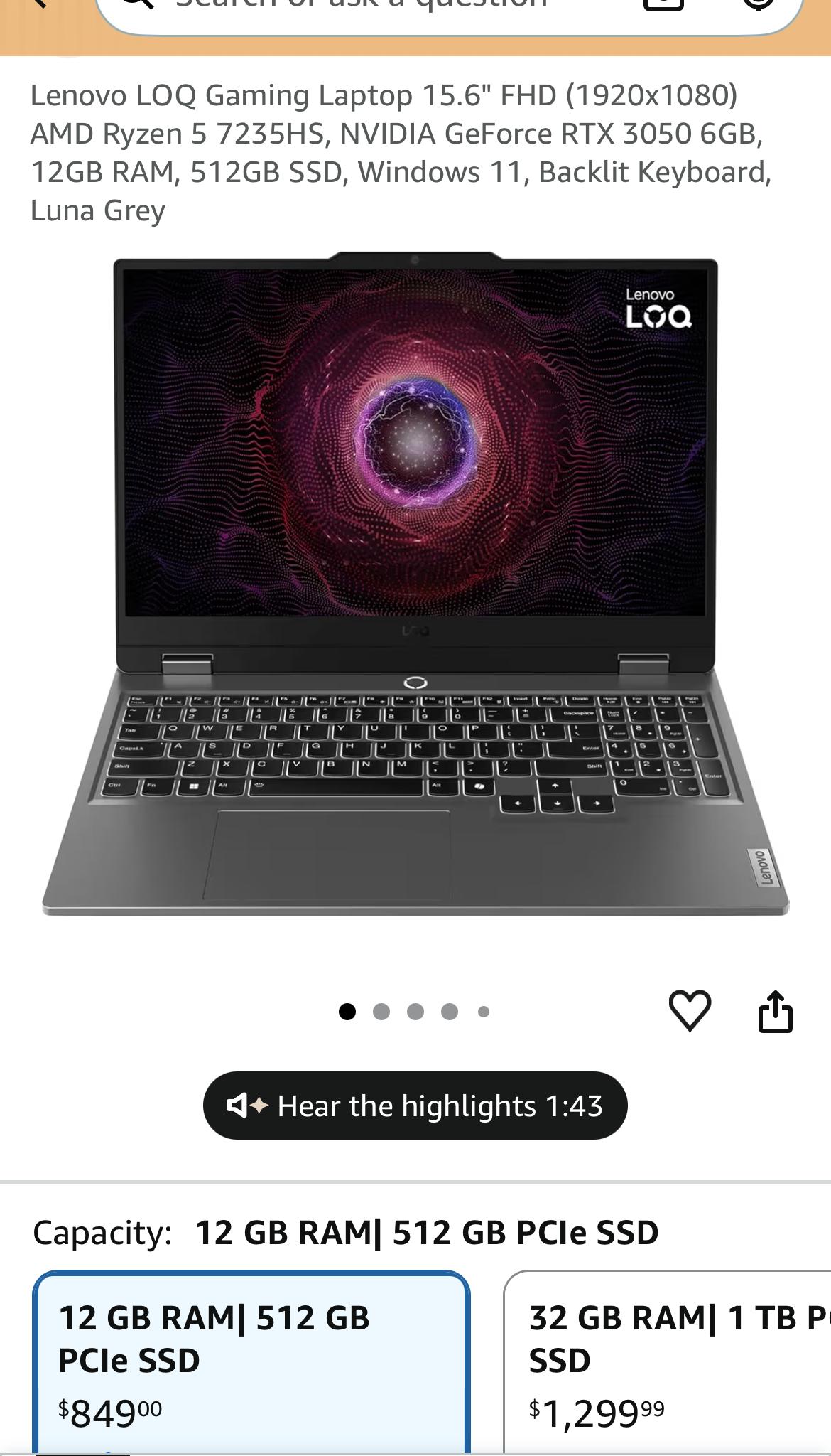 Lenovo-LOQ 15.6 Gaming Laptop AMD Ryzen 5 7235H 2023 32gb RAM NVIDIA GeForceRTX3050 6GB-512GB SSD