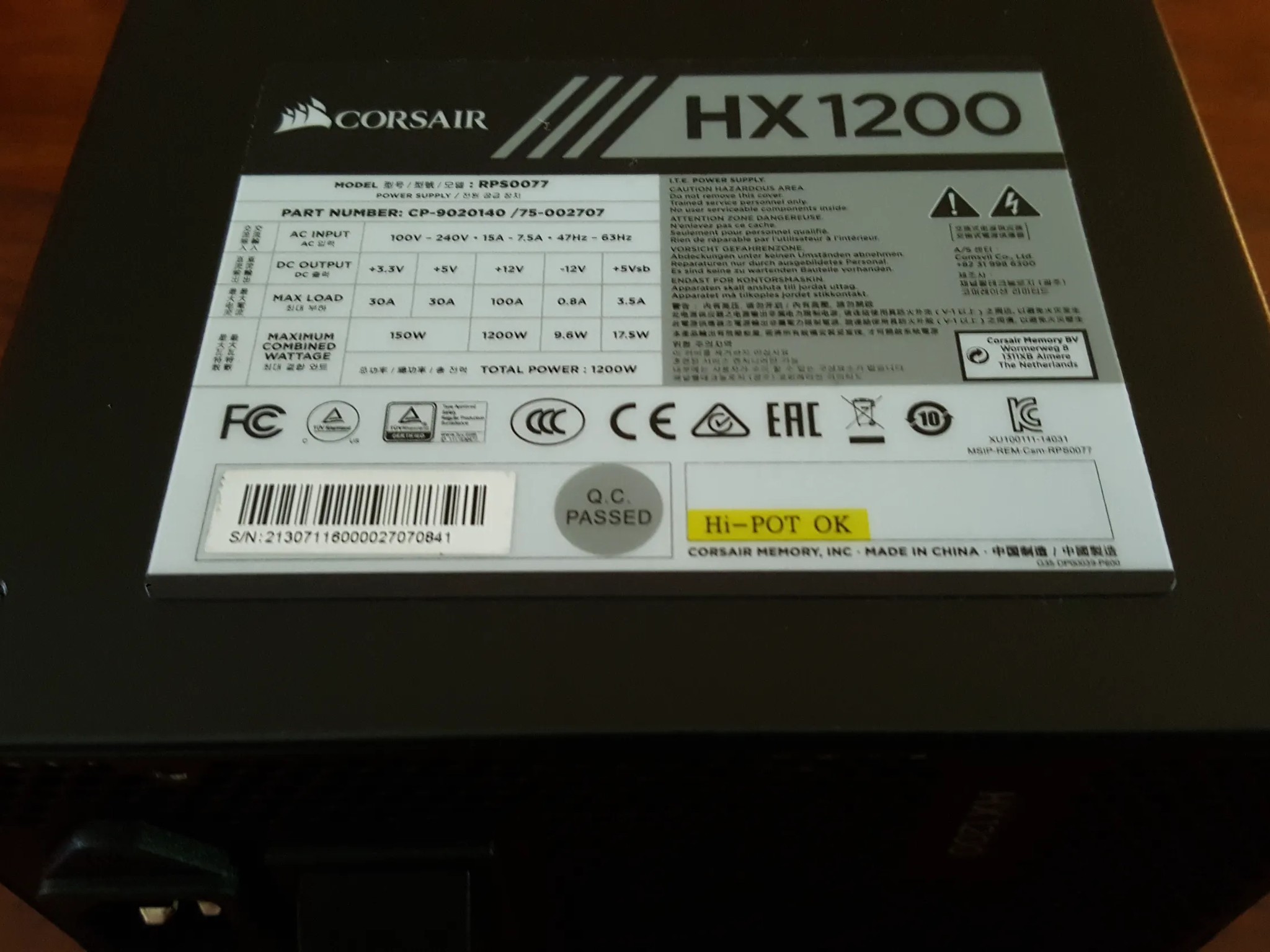 Corsair HX1200 Power Supply | 80+ Platinum (Open box, Includes everything)