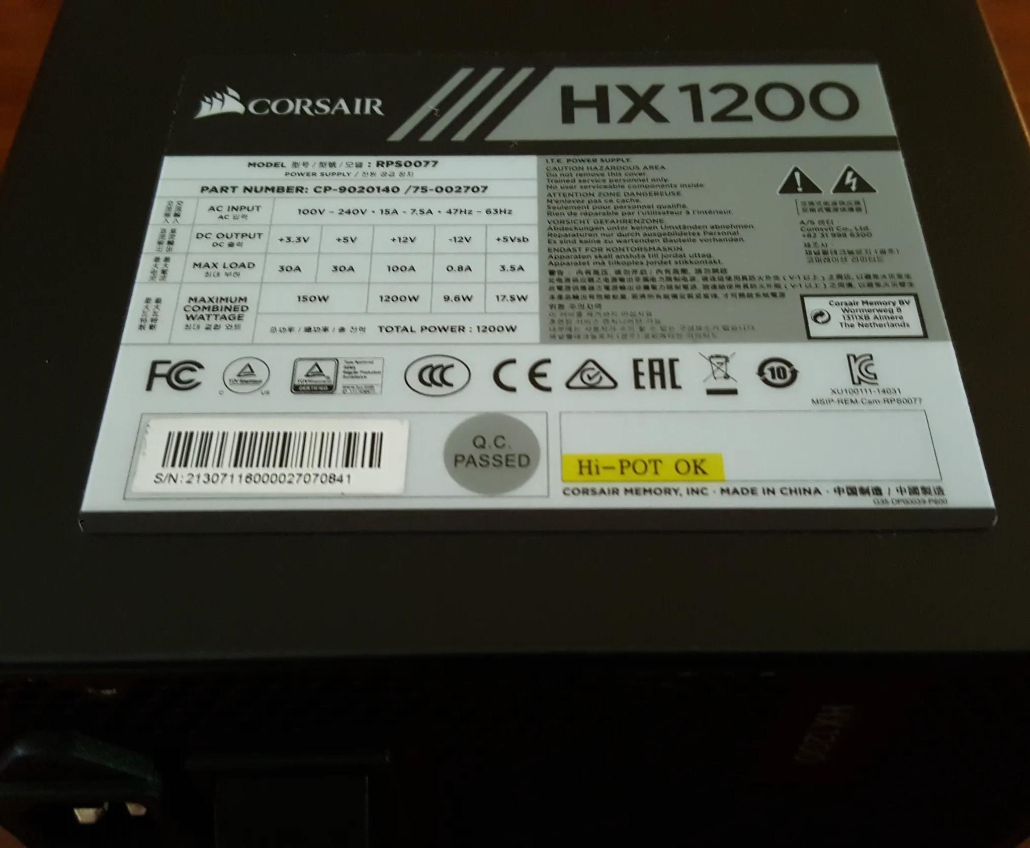 Corsair HX1200 Power Supply | 80+ Platinum (Open box, Includes everything)
